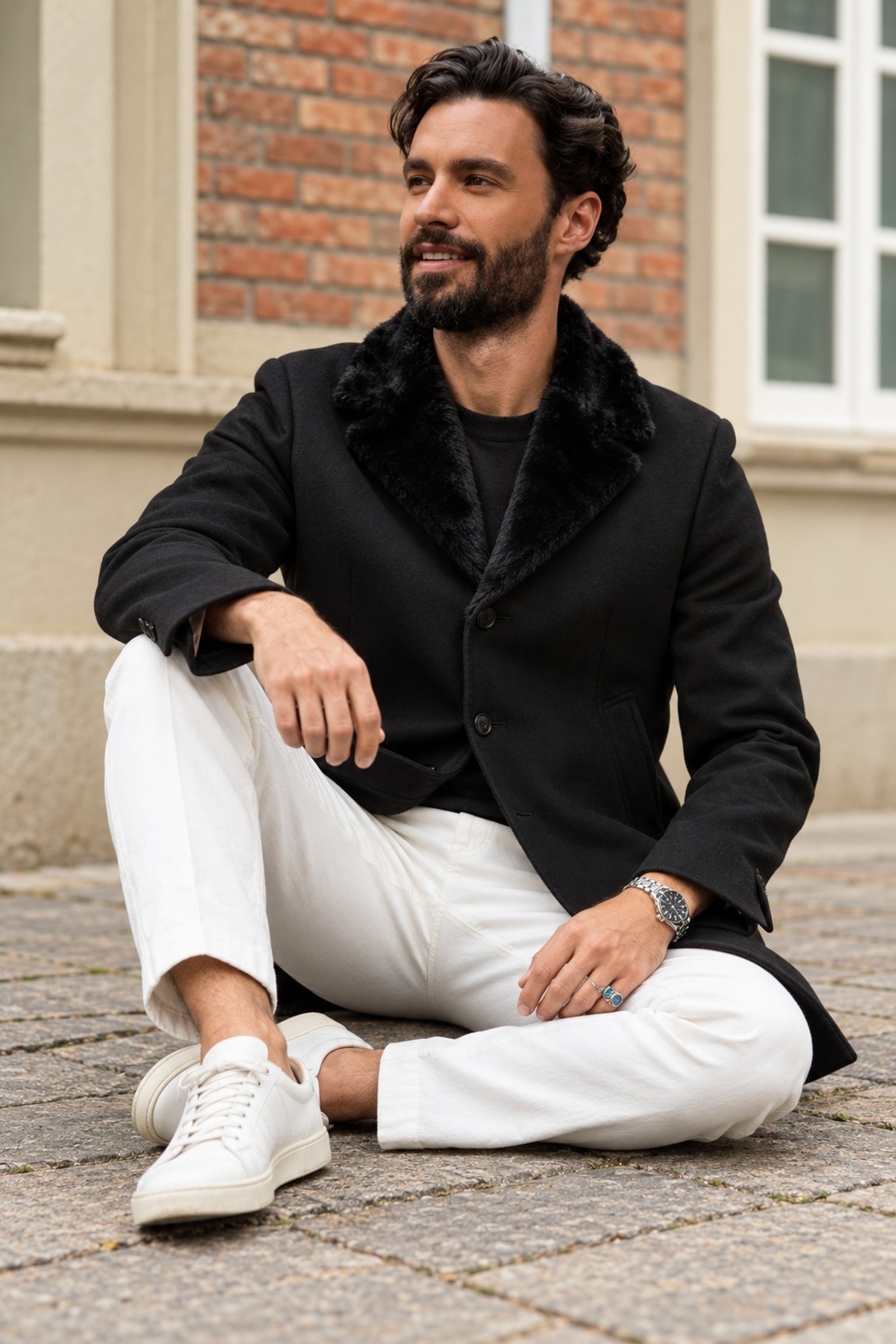 Erkek Peluş Yaka Modern Kesim Kaşe Siyah Kaban 5