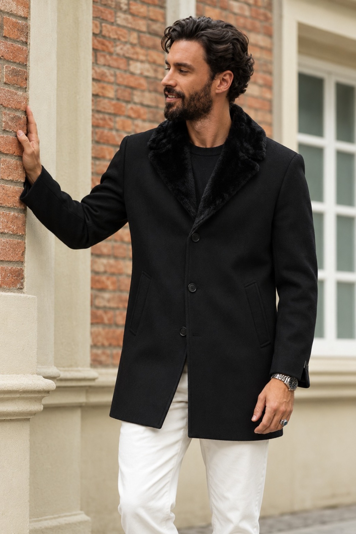 Erkek Peluş Yaka Modern Kesim Kaşe Siyah Kaban 3