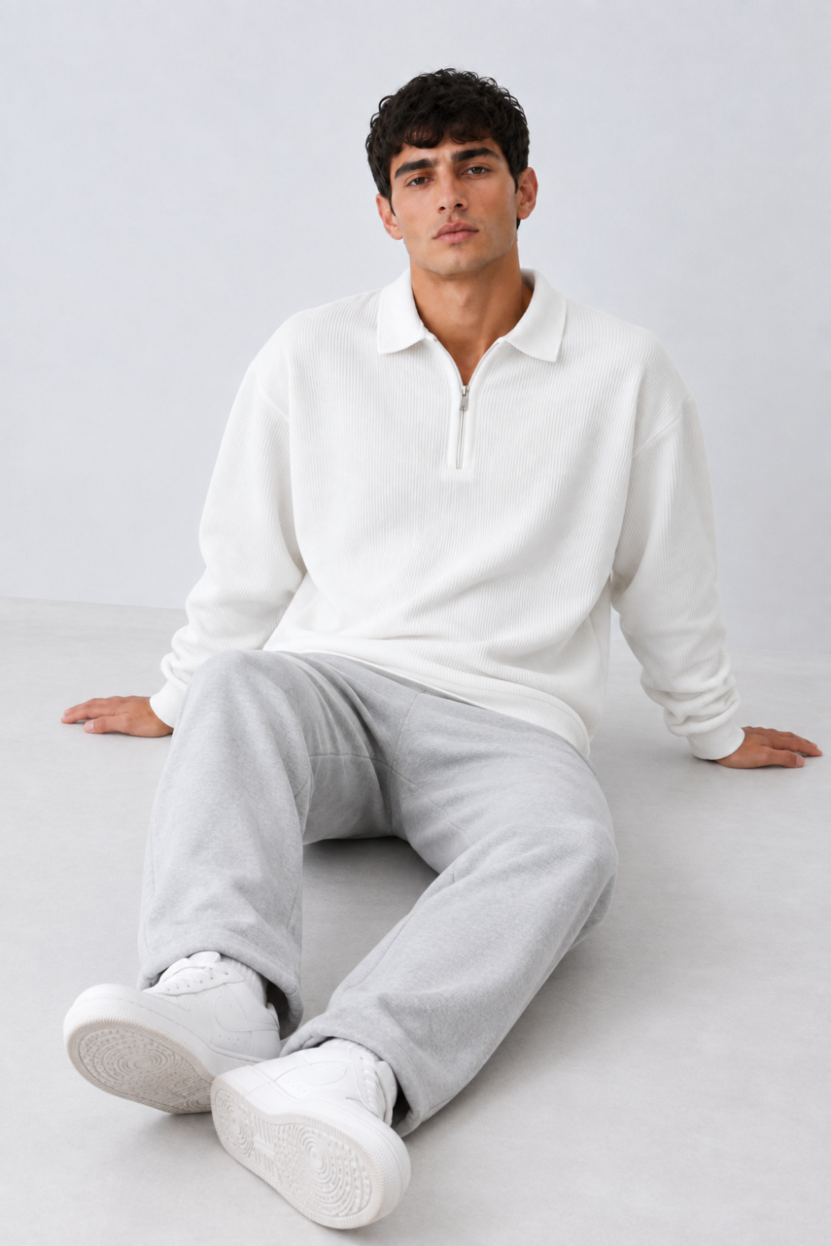 Erkek Oversize Fitilli Fermuar Yaka Beyaz Kazak 6