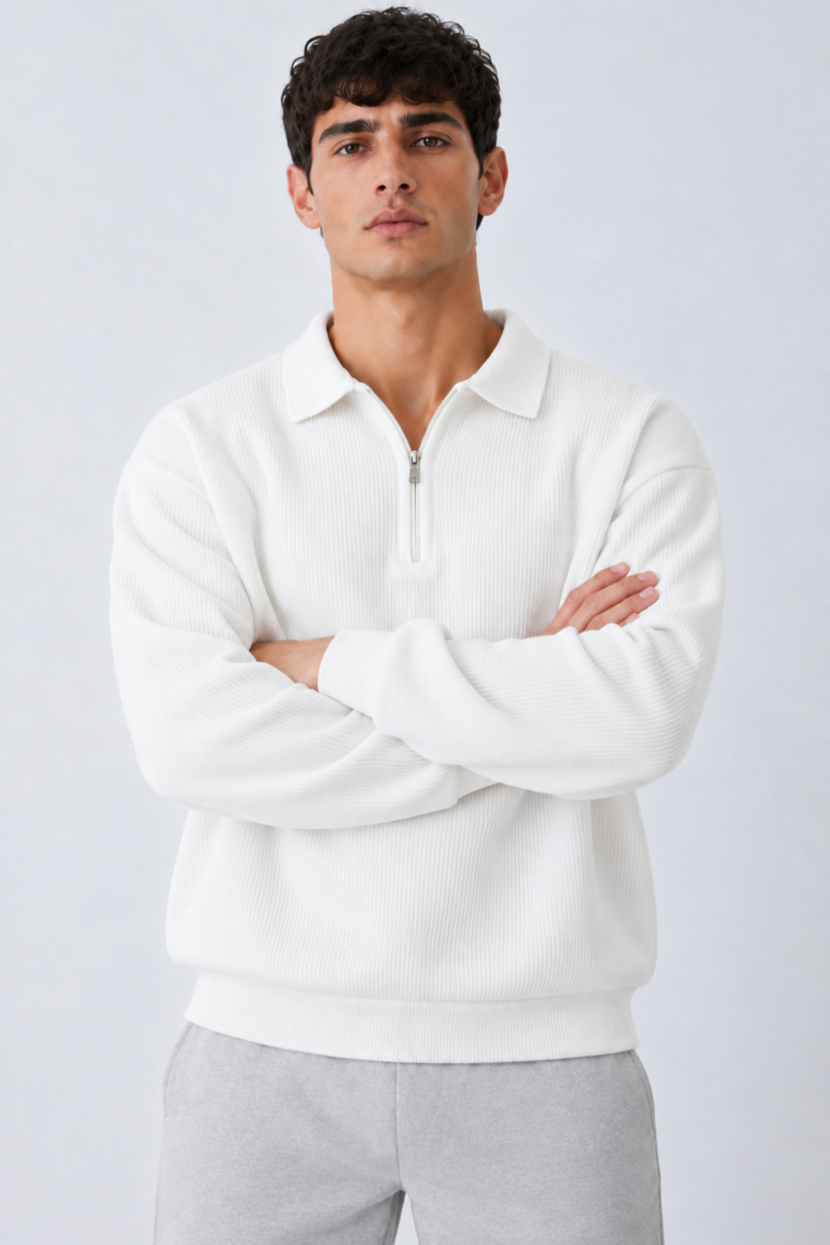 Erkek Oversize Fitilli Fermuar Yaka Beyaz Kazak 5