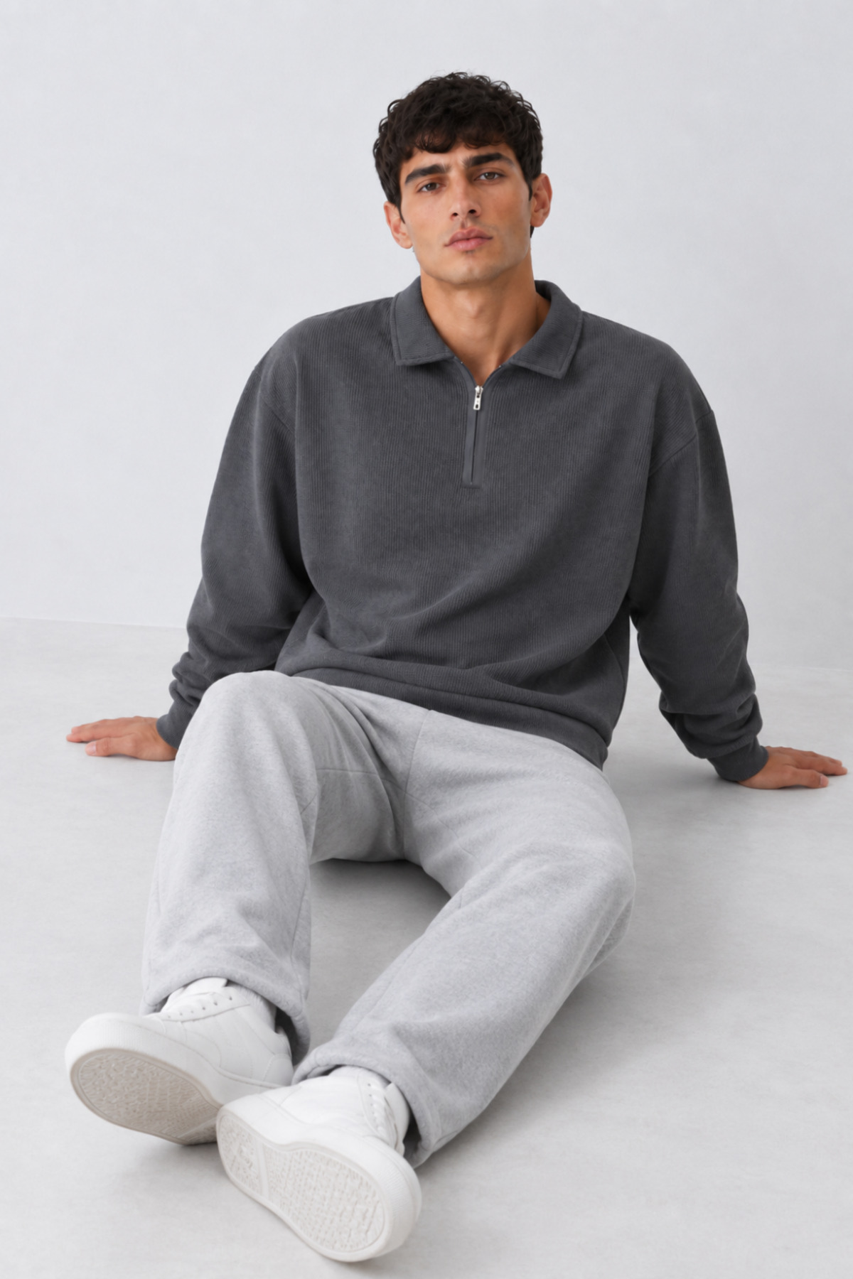 Erkek Oversize Fitilli Fermuar Yaka Füme Kazak 6