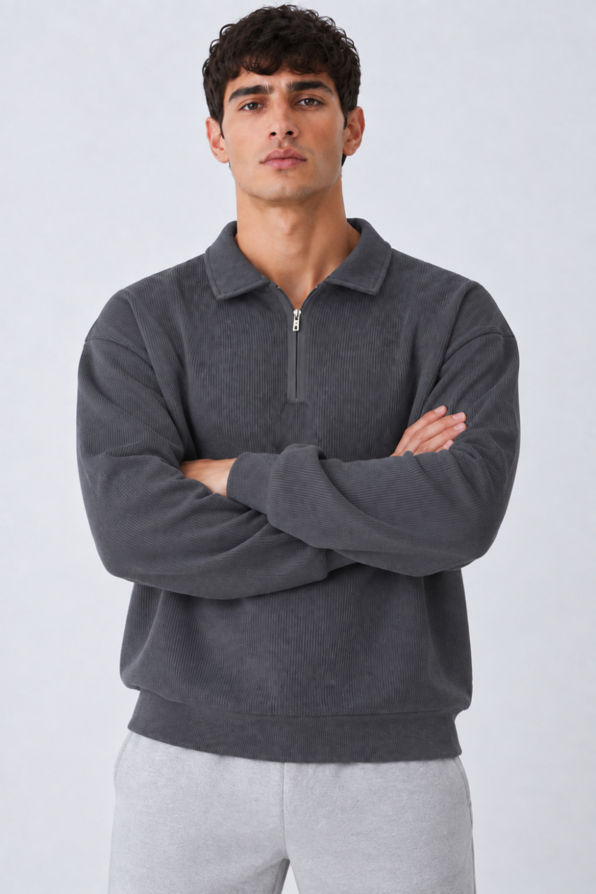 Erkek Oversize Fitilli Fermuar Yaka Füme Kazak 5