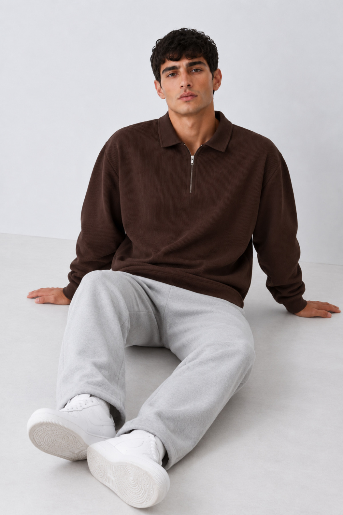 Erkek Oversize Fitilli Fermuar Yaka Kahve Kazak 6