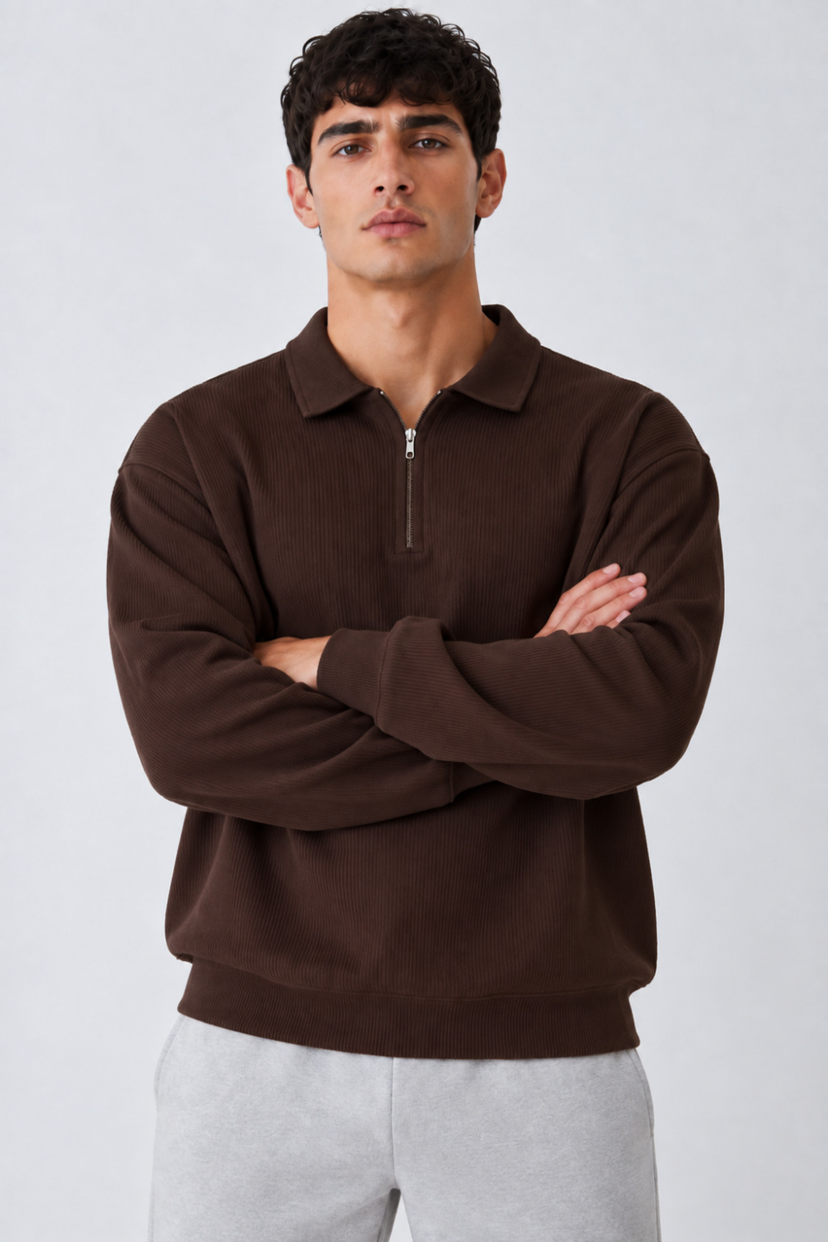 Erkek Oversize Fitilli Fermuar Yaka Kahve Kazak 5