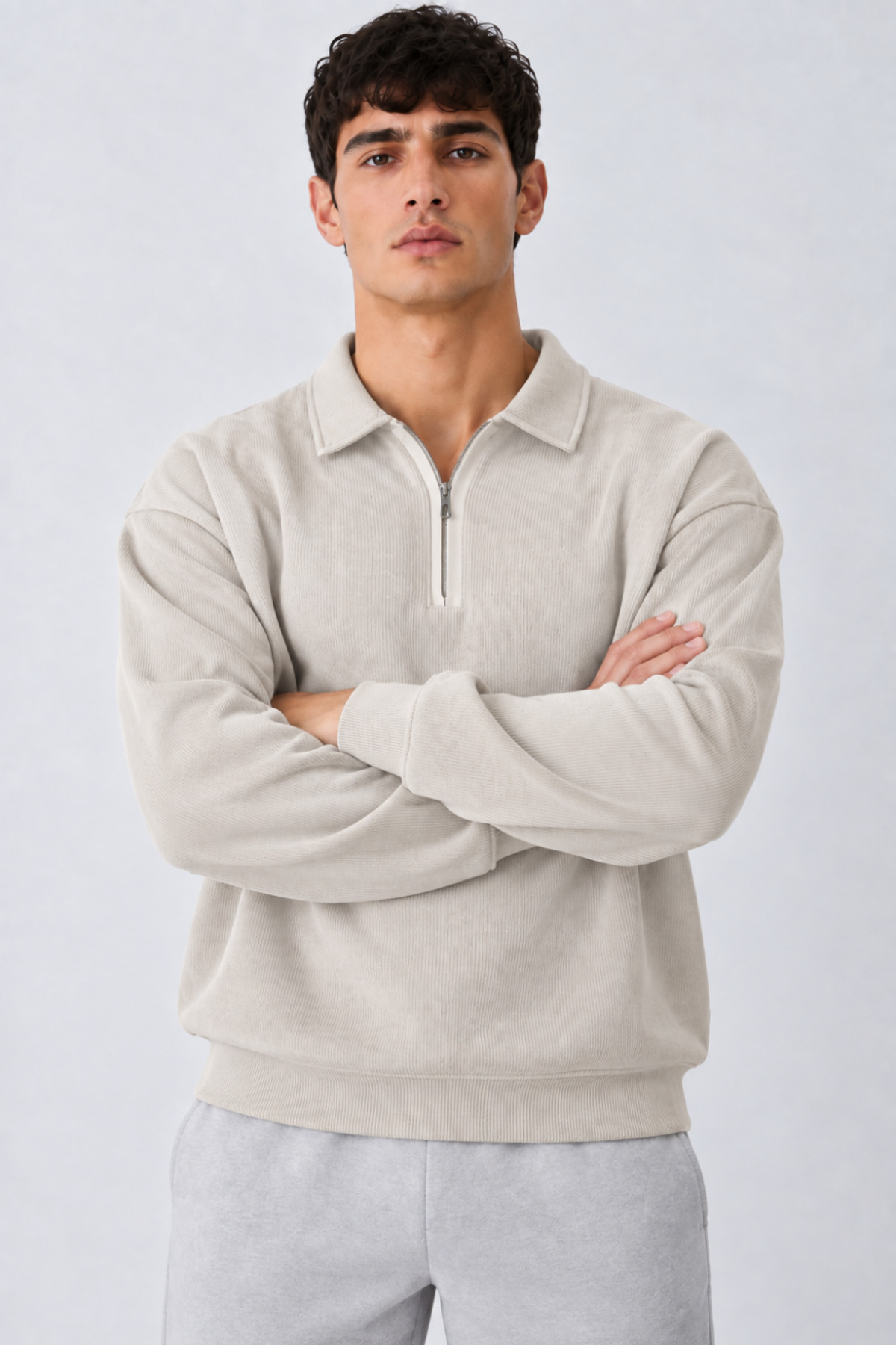Erkek Oversize Fitilli Fermuar Yaka Krem Kazak 5