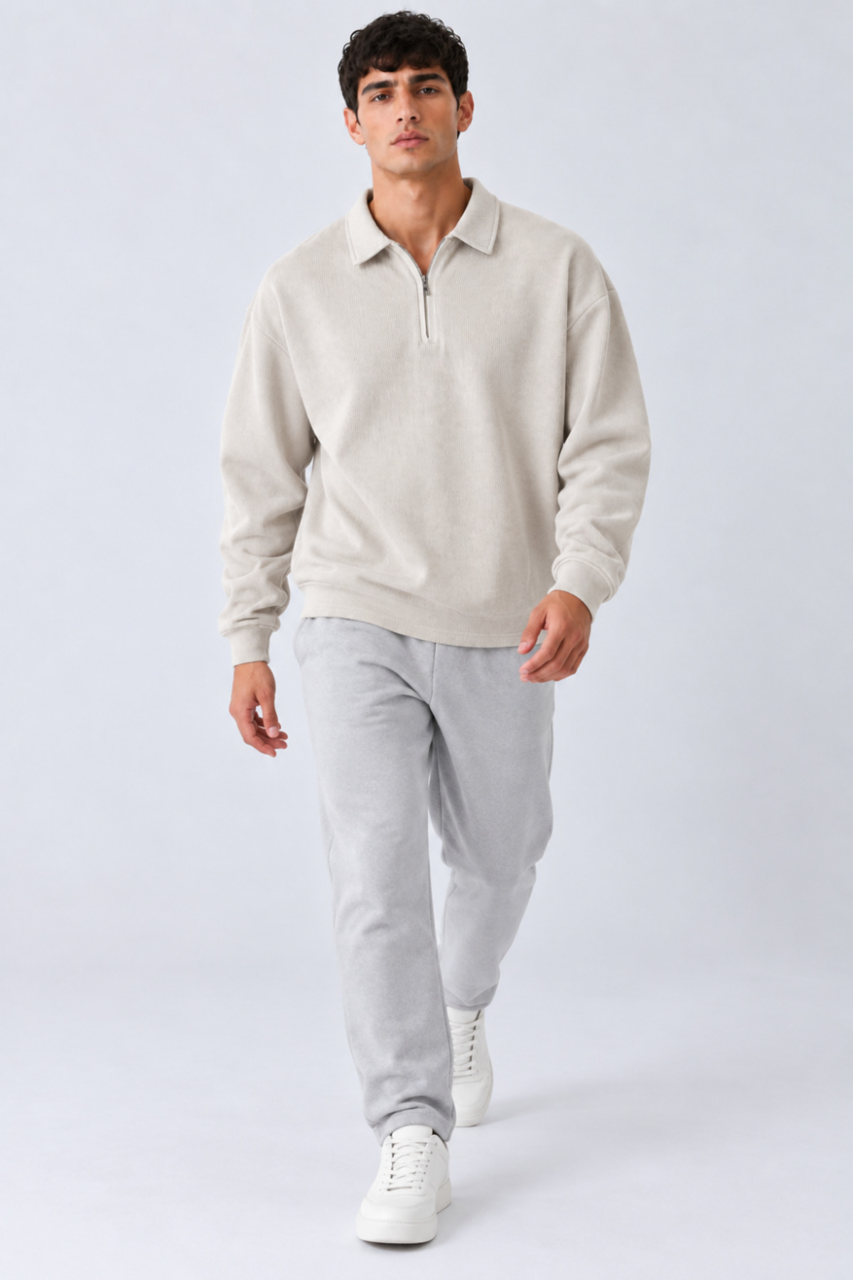 Erkek Oversize Fitilli Fermuar Yaka Krem Kazak 3