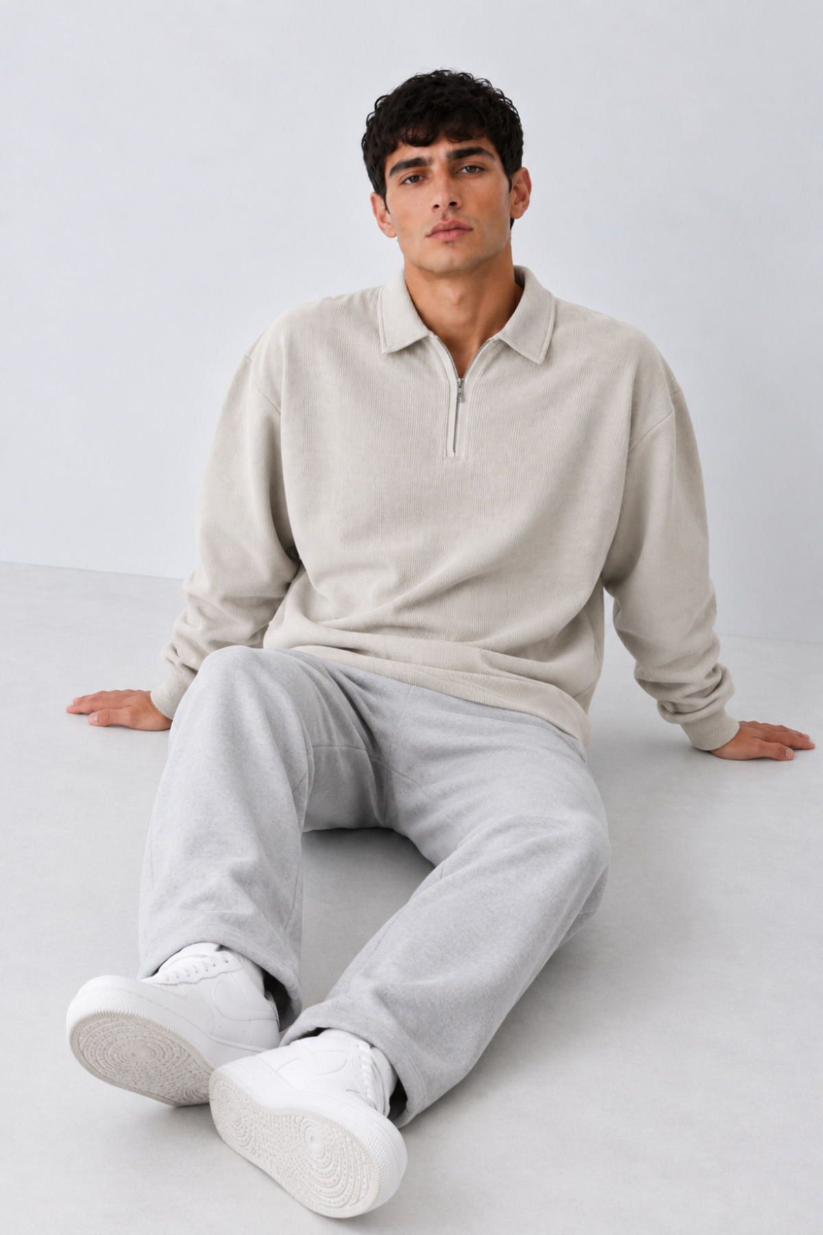 Erkek Oversize Fitilli Fermuar Yaka Krem Kazak 6
