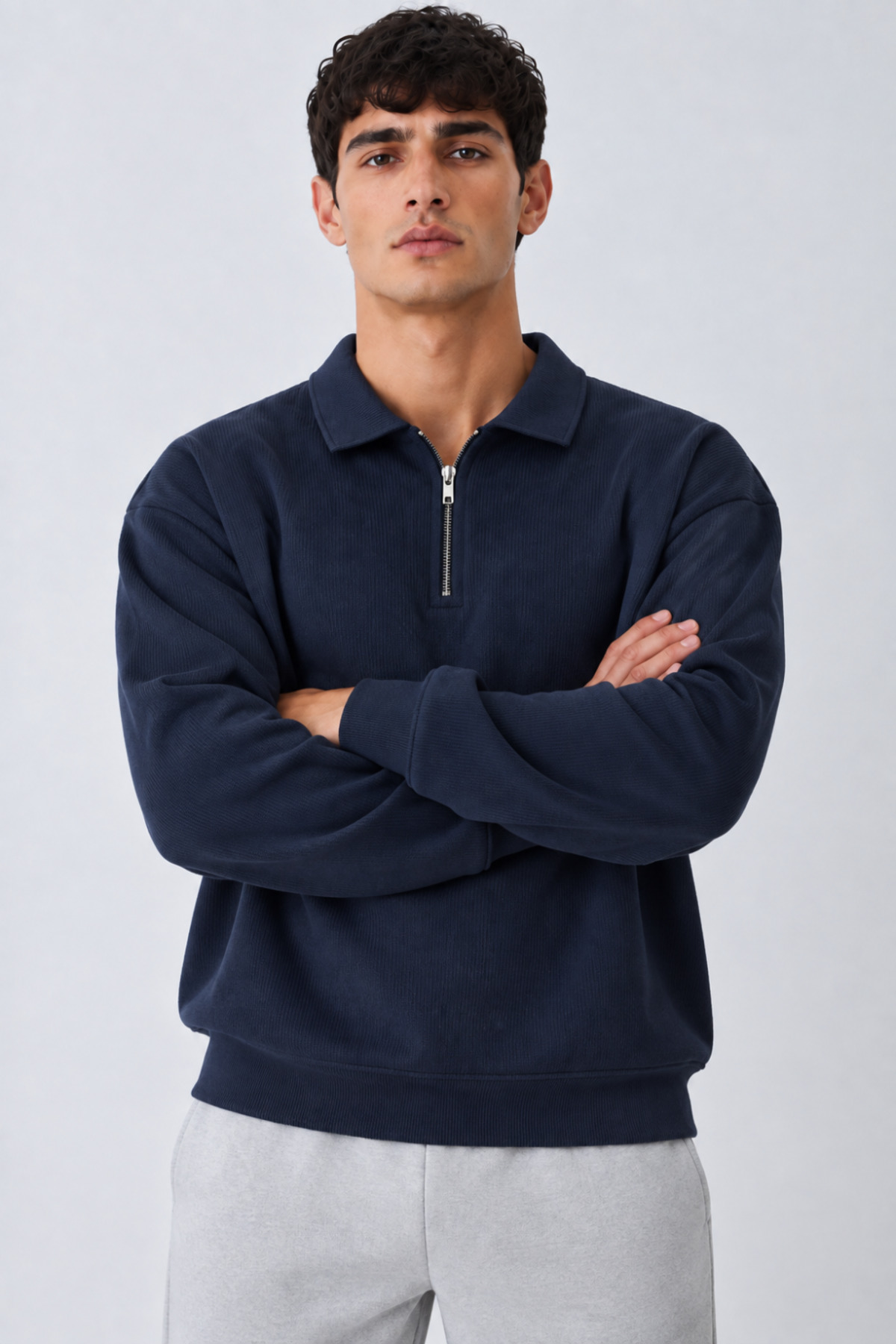 Erkek Oversize Fitilli Fermuar Yaka Lacivert Kazak 5