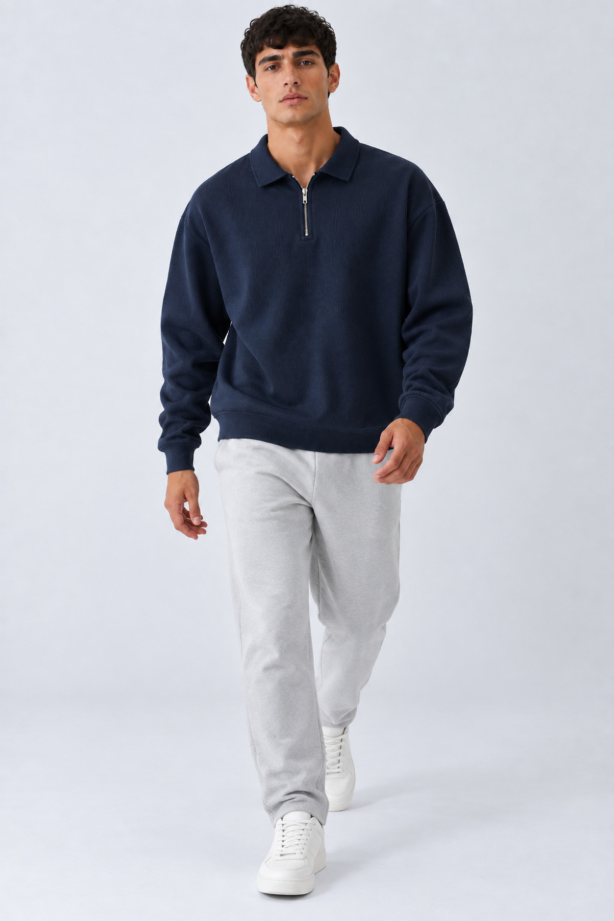 Erkek Oversize Fitilli Fermuar Yaka Lacivert Kazak 3