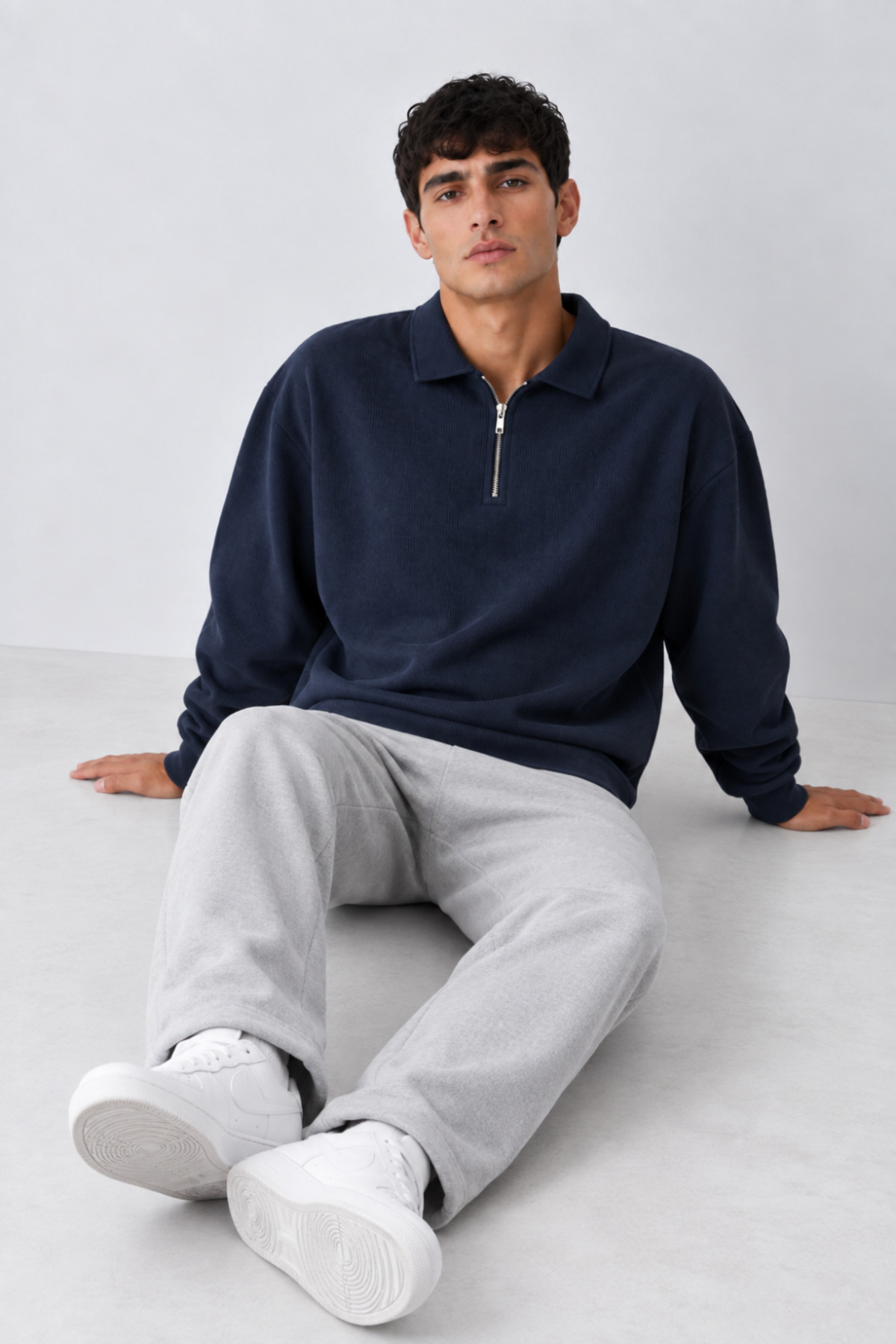 Erkek Oversize Fitilli Fermuar Yaka Lacivert Kazak 6
