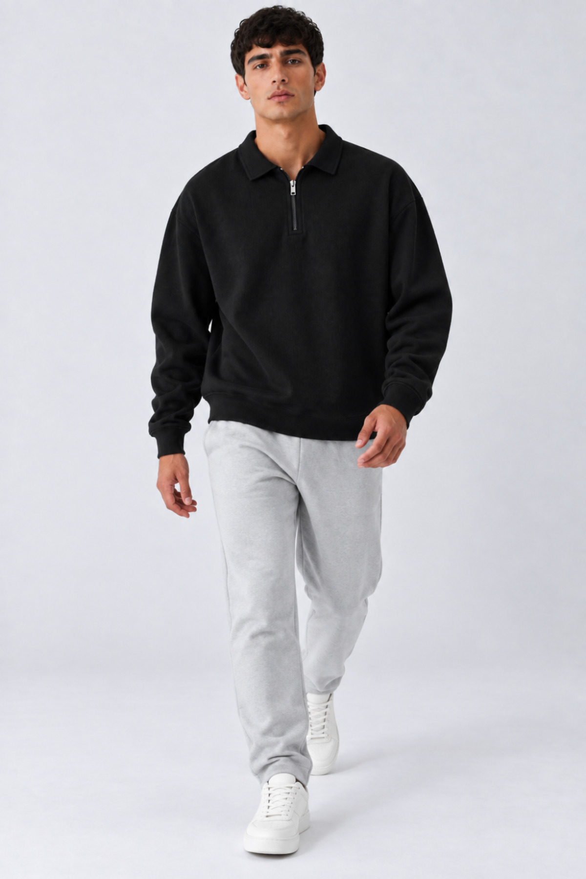 Erkek Oversize Fitilli Fermuar Yaka Siyah Kazak 3