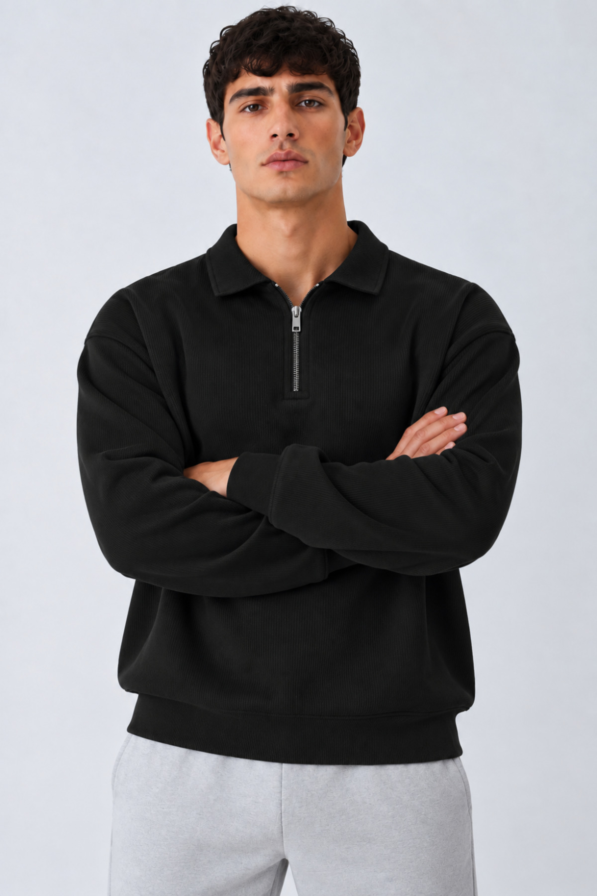 Erkek Oversize Fitilli Fermuar Yaka Siyah Kazak 5