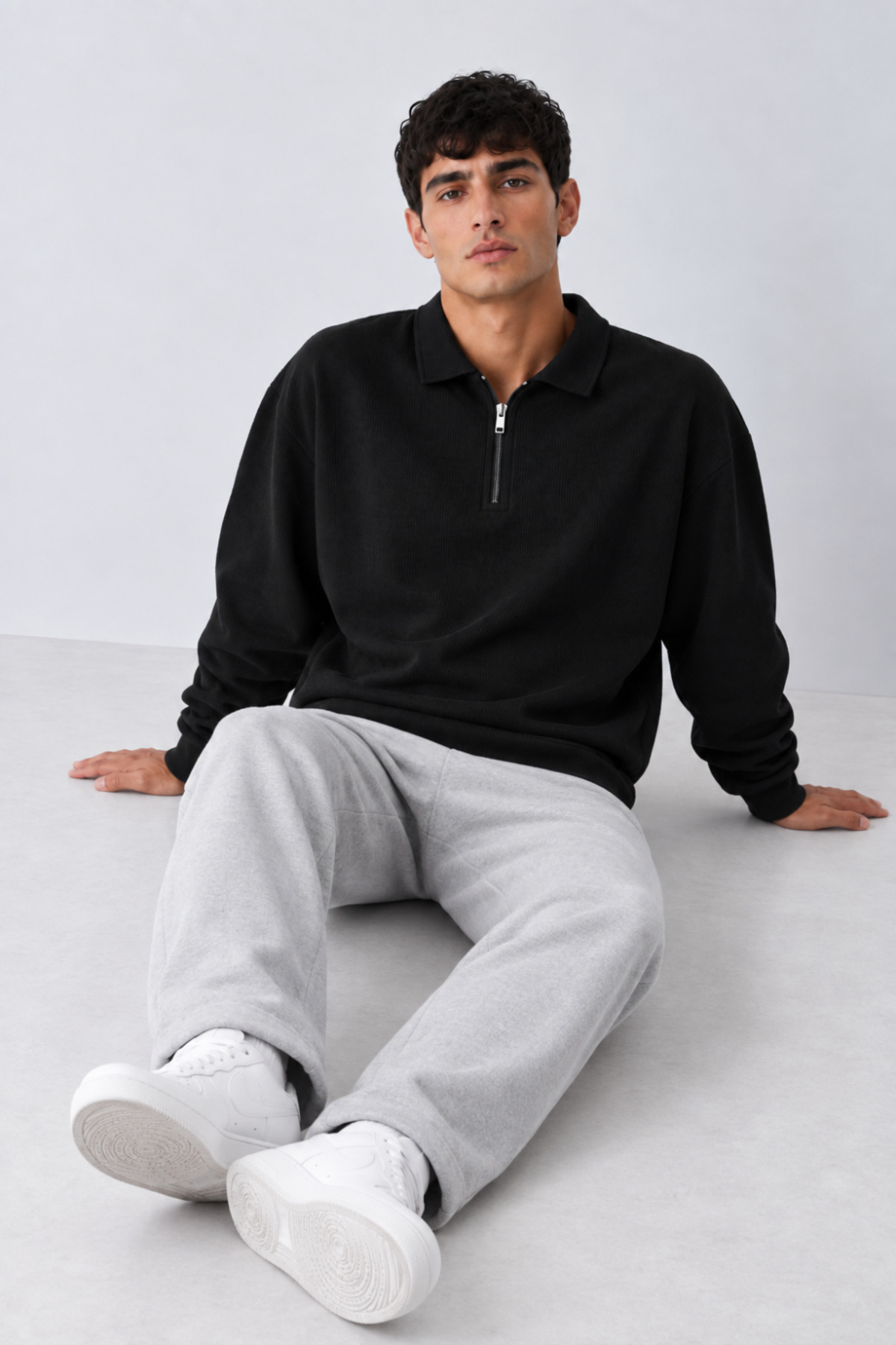 Erkek Oversize Fitilli Fermuar Yaka Siyah Kazak 6