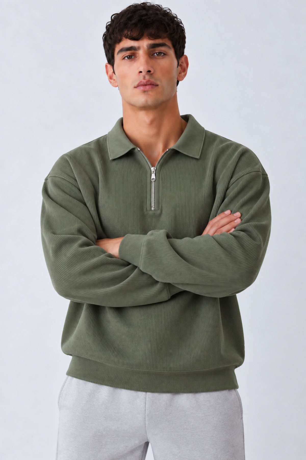 Erkek Oversize Fitilli Fermuar Yaka Yeşil Kazak 5