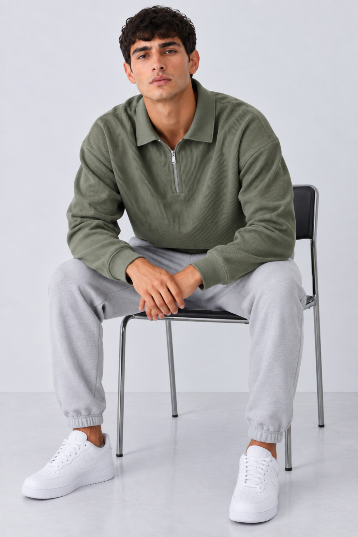 Erkek Oversize Fitilli Fermuar Yaka Yeşil Kazak 4