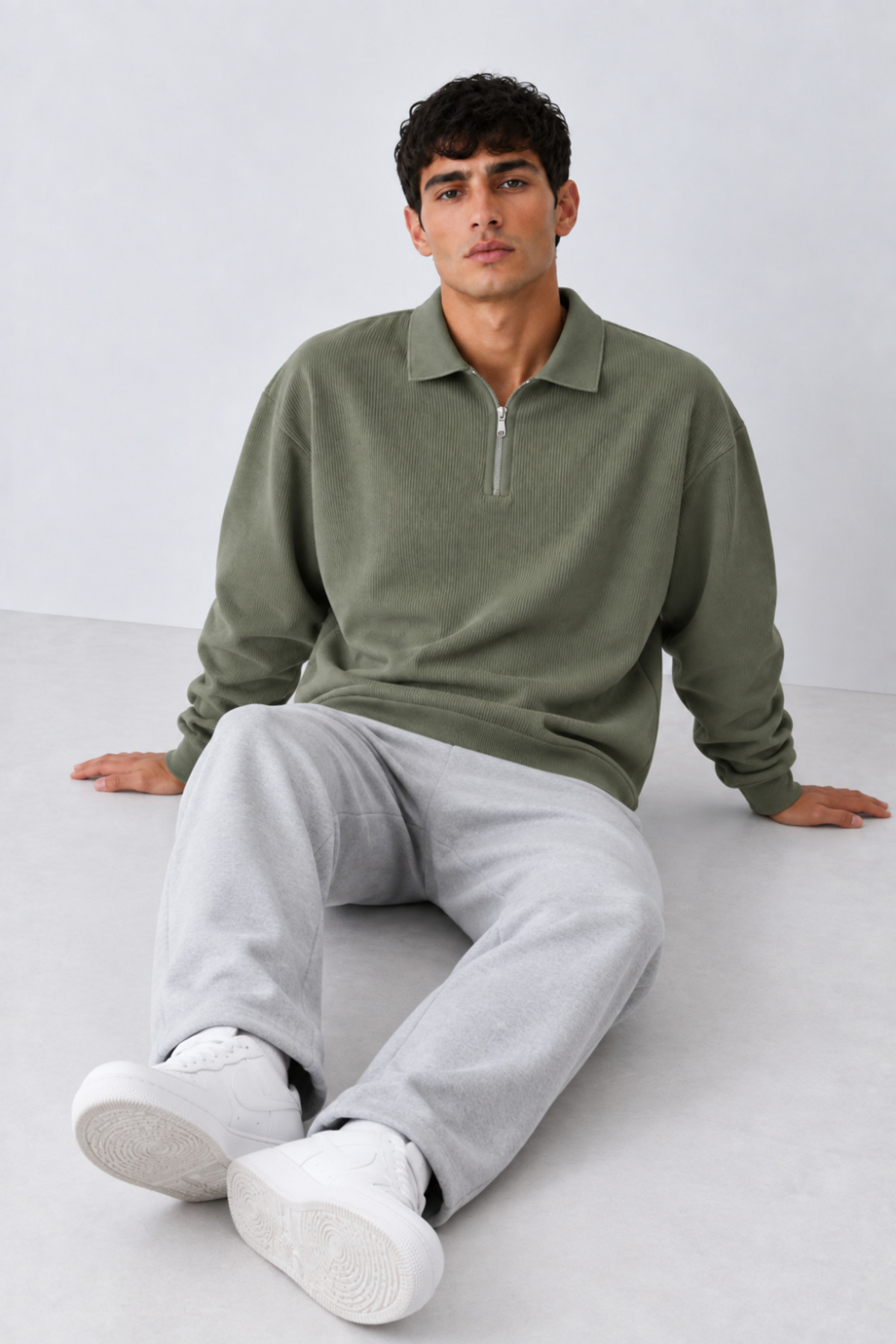 Erkek Oversize Fitilli Fermuar Yaka Yeşil Kazak 6