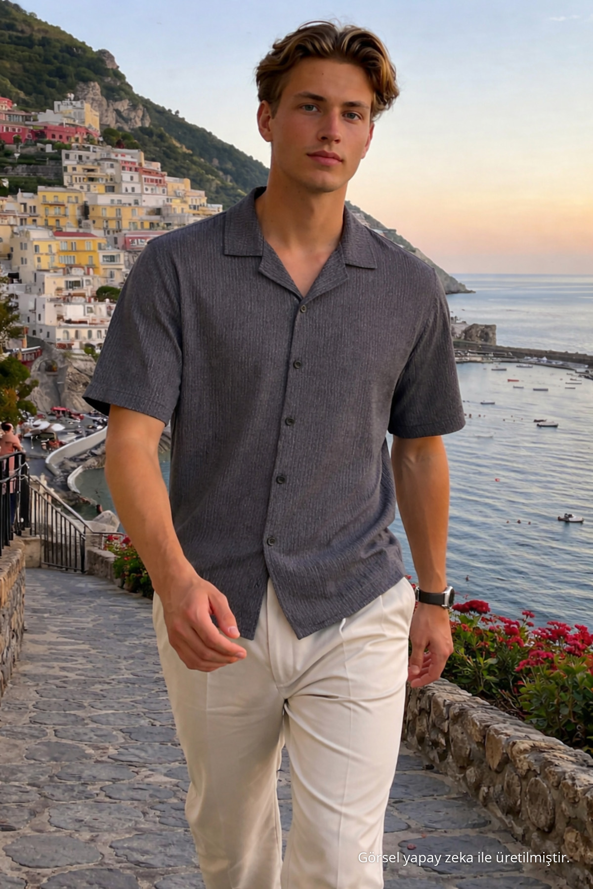 Erkek Trend Polo Yaka Oversize Siyah Keten Gömlek 4