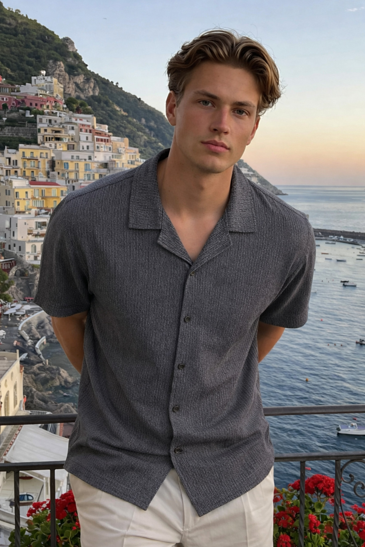 Erkek Trend Polo Yaka Oversize Siyah Keten Gömlek 3