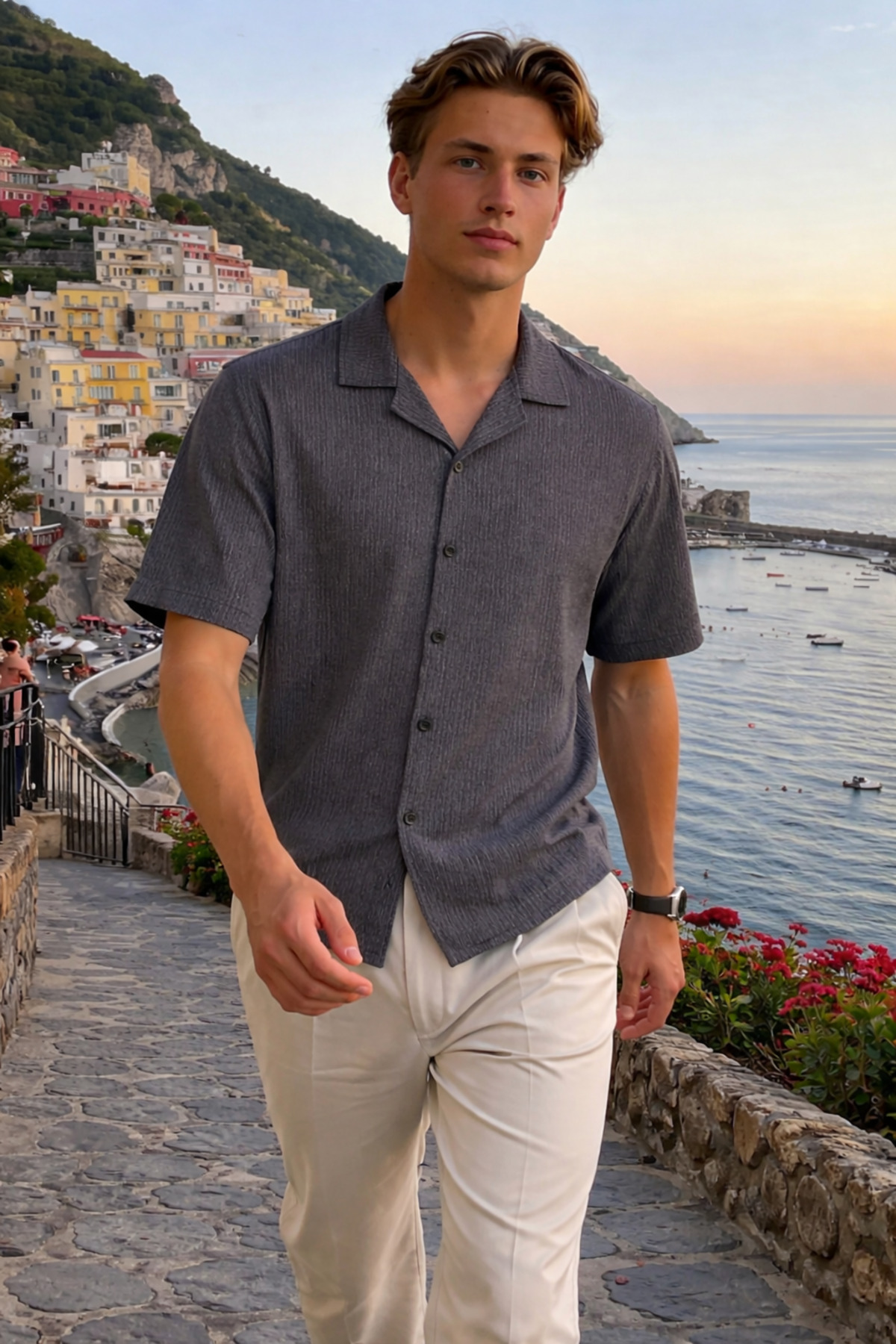 Erkek Trend Polo Yaka Oversize Siyah Keten Gömlek 4