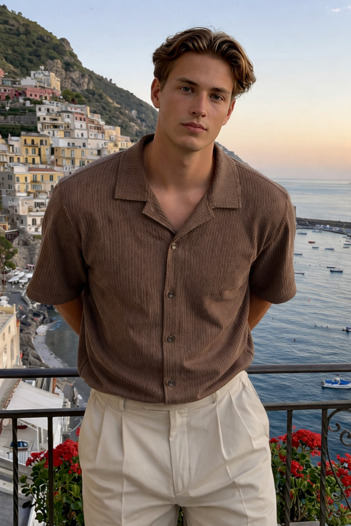 Erkek Trend Polo Yaka Oversize Kahverengi Keten Gömlek 4