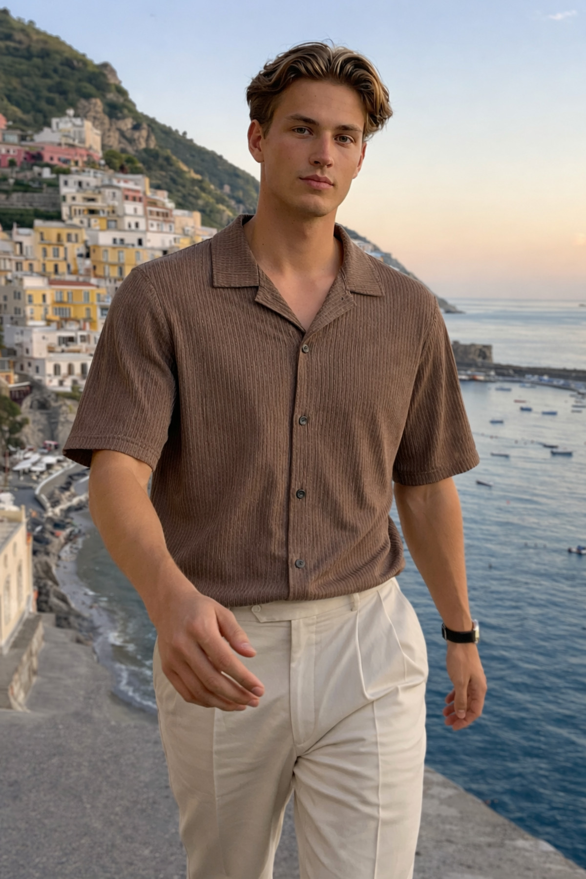 Erkek Trend Polo Yaka Oversize Kahverengi Keten Gömlek 3