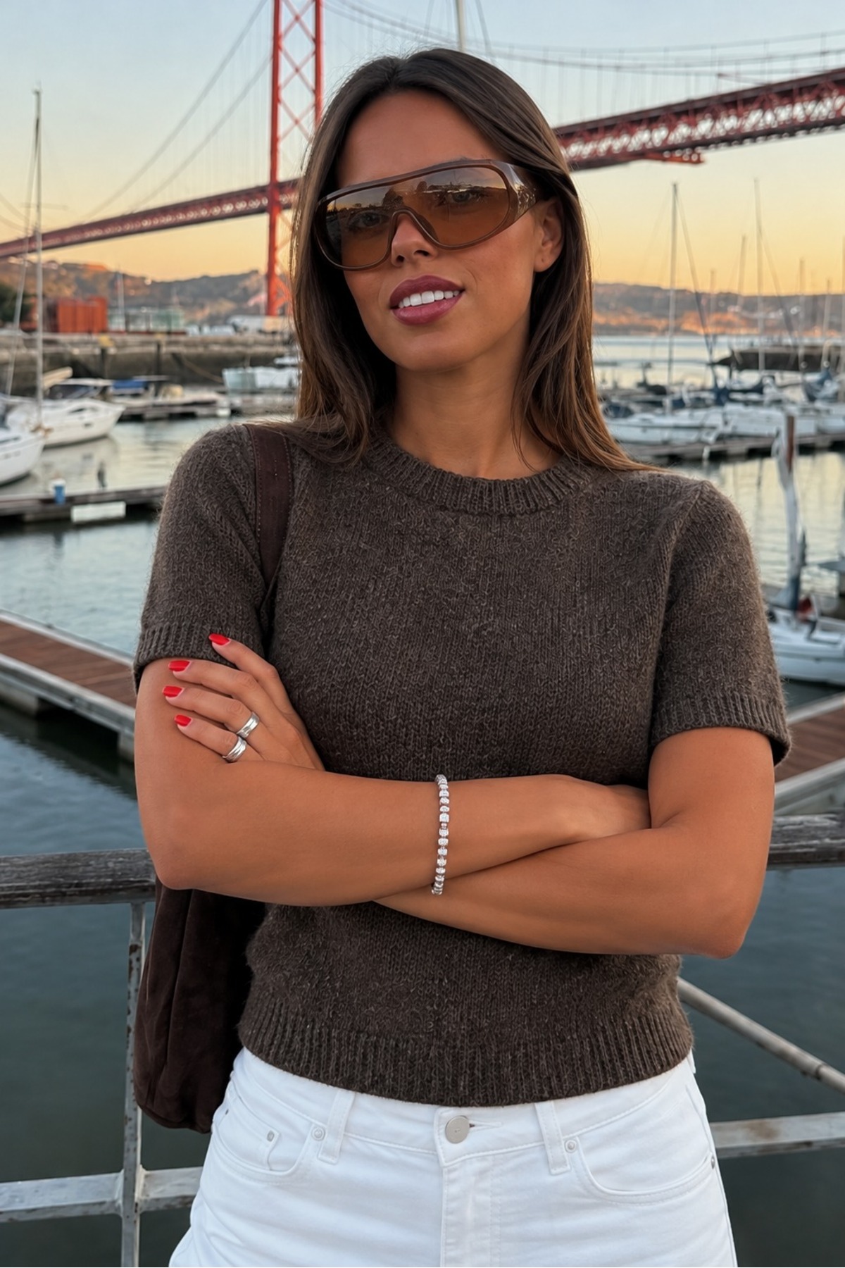 Kadın Kısa Kollu Bisiklet Yaka Casual Kahve Kazak 6