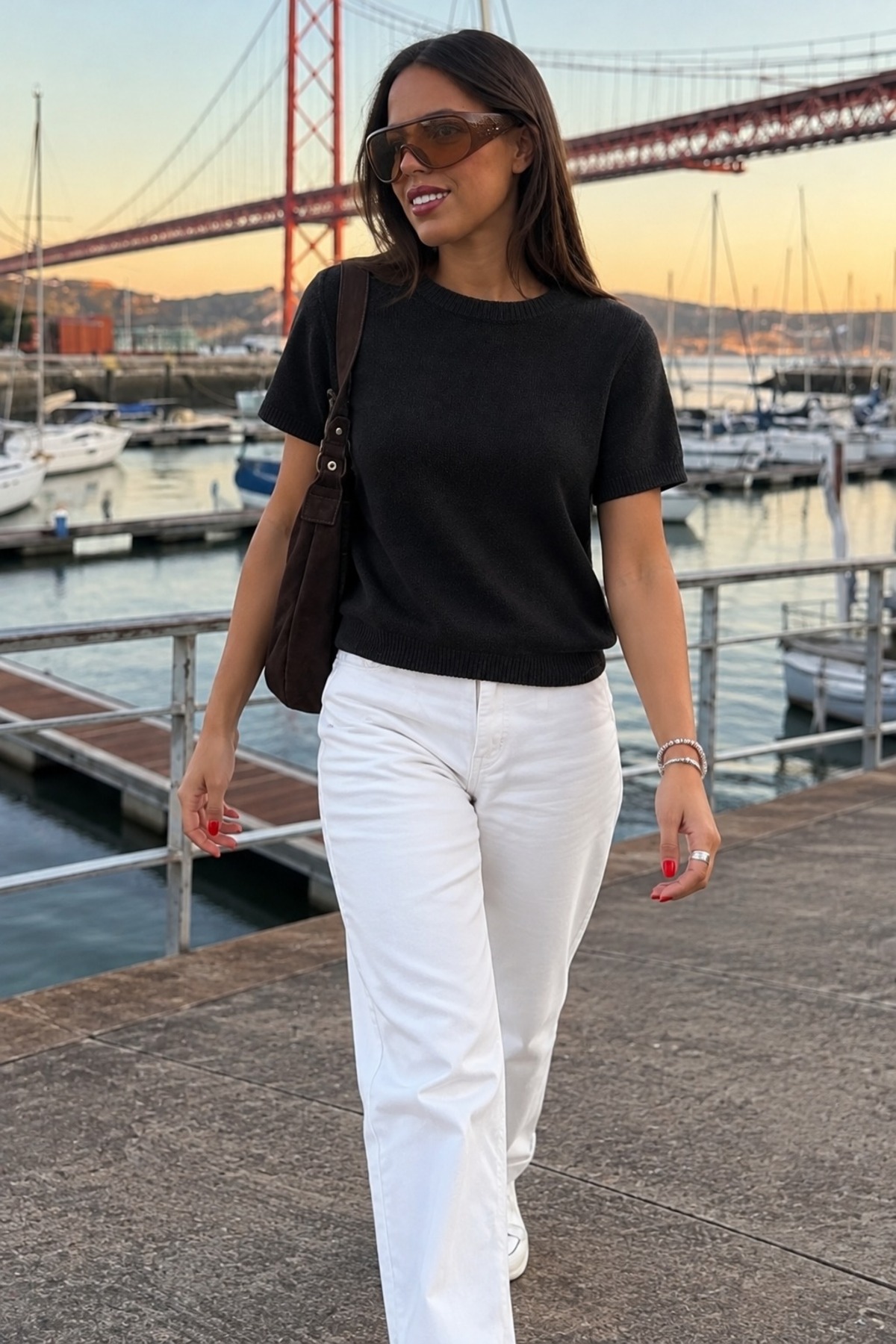 Kadın Kısa Kollu Bisiklet Yaka Casual Siyah Kazak 4