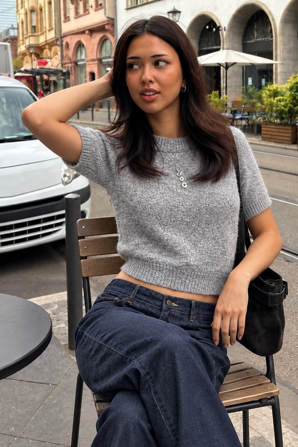 Kadın Kısa Kollu Basic Comfort Fit Triko Bluz Gri 4