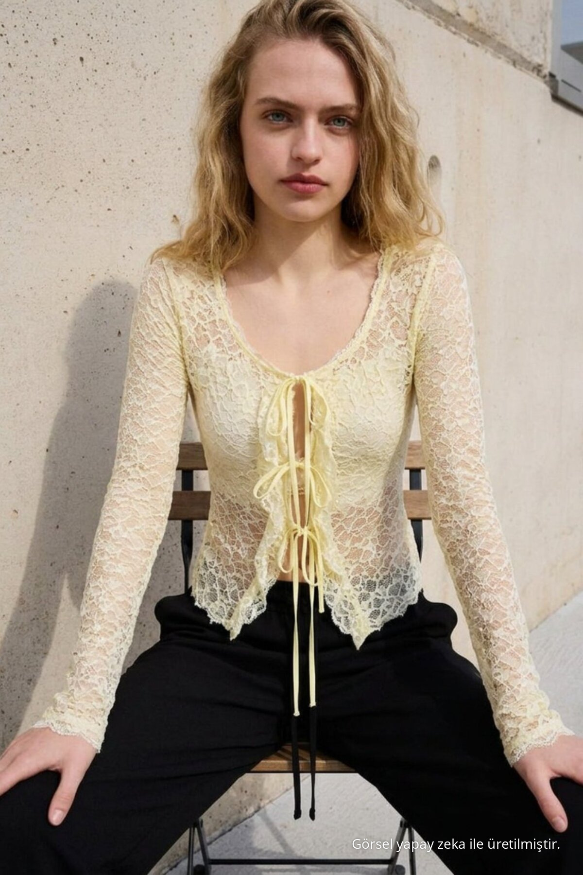 Kadın Günlük Bağlamalı Sarı Uzun Kollu Bluz 5