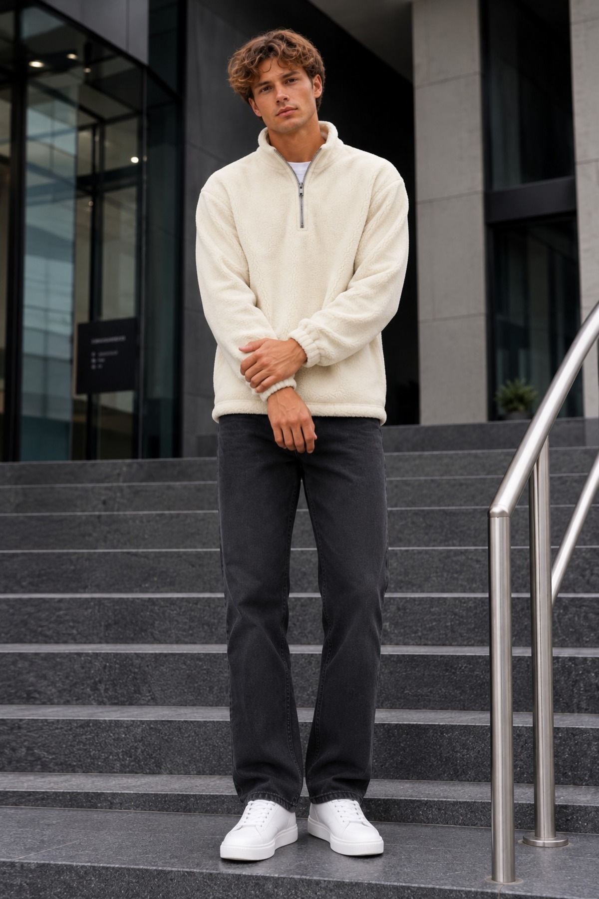 Erkek Fermuarlı Dik Yaka Polar Ekru Sweatshirt 4