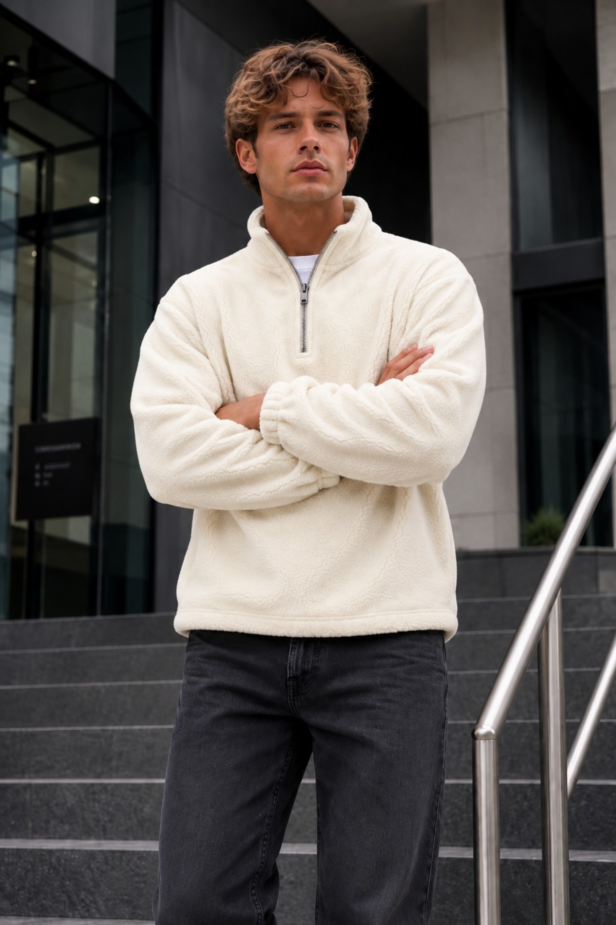 Erkek Fermuarlı Dik Yaka Polar Ekru Sweatshirt 5
