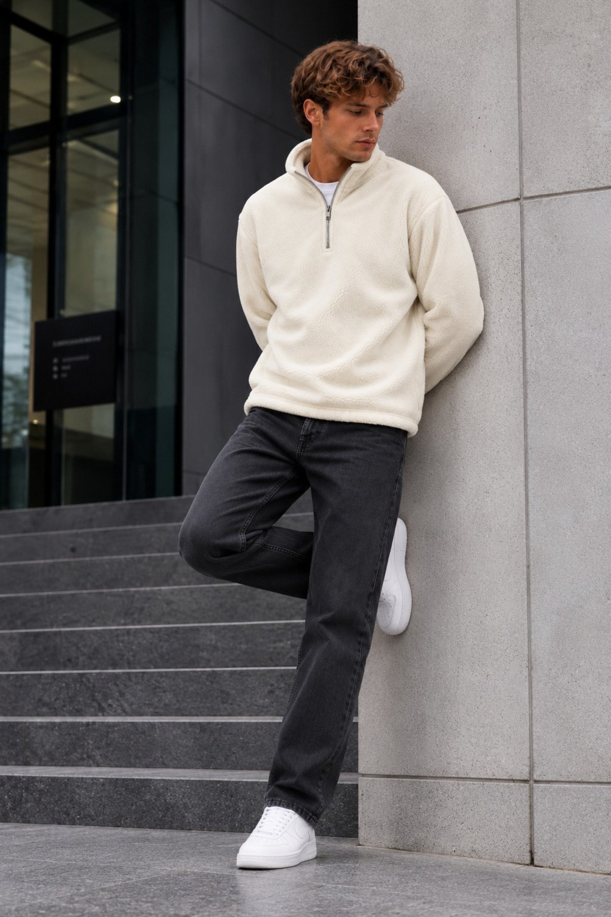 Erkek Fermuarlı Dik Yaka Polar Ekru Sweatshirt 3