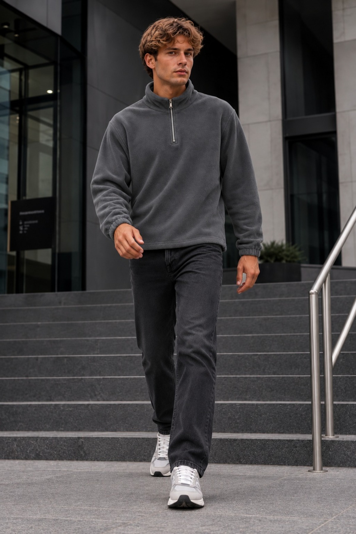 Erkek Fermuarlı Dik Yaka Polar Füme Sweatshirt 3
