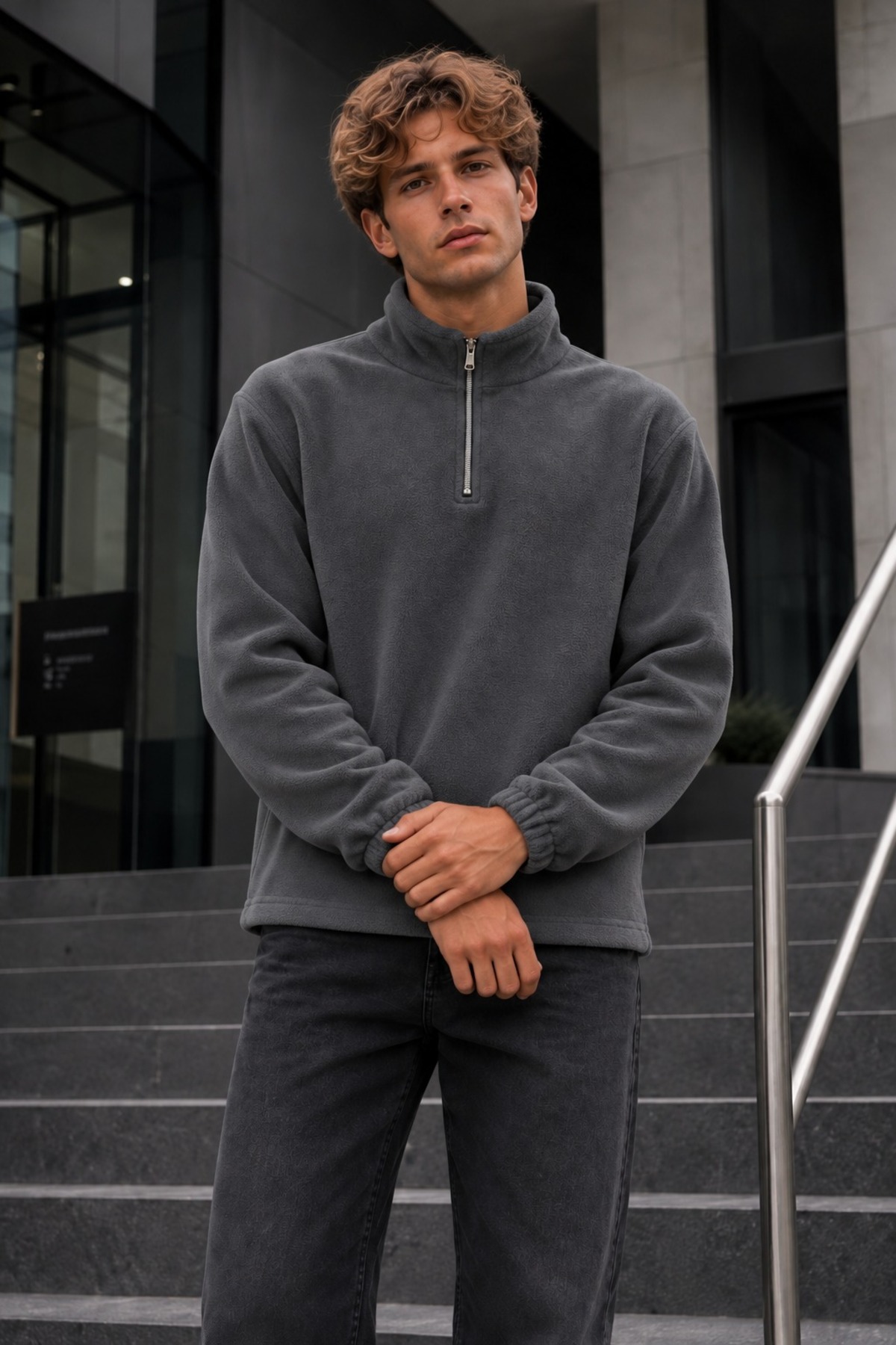 Erkek Fermuarlı Dik Yaka Polar Füme Sweatshirt 5