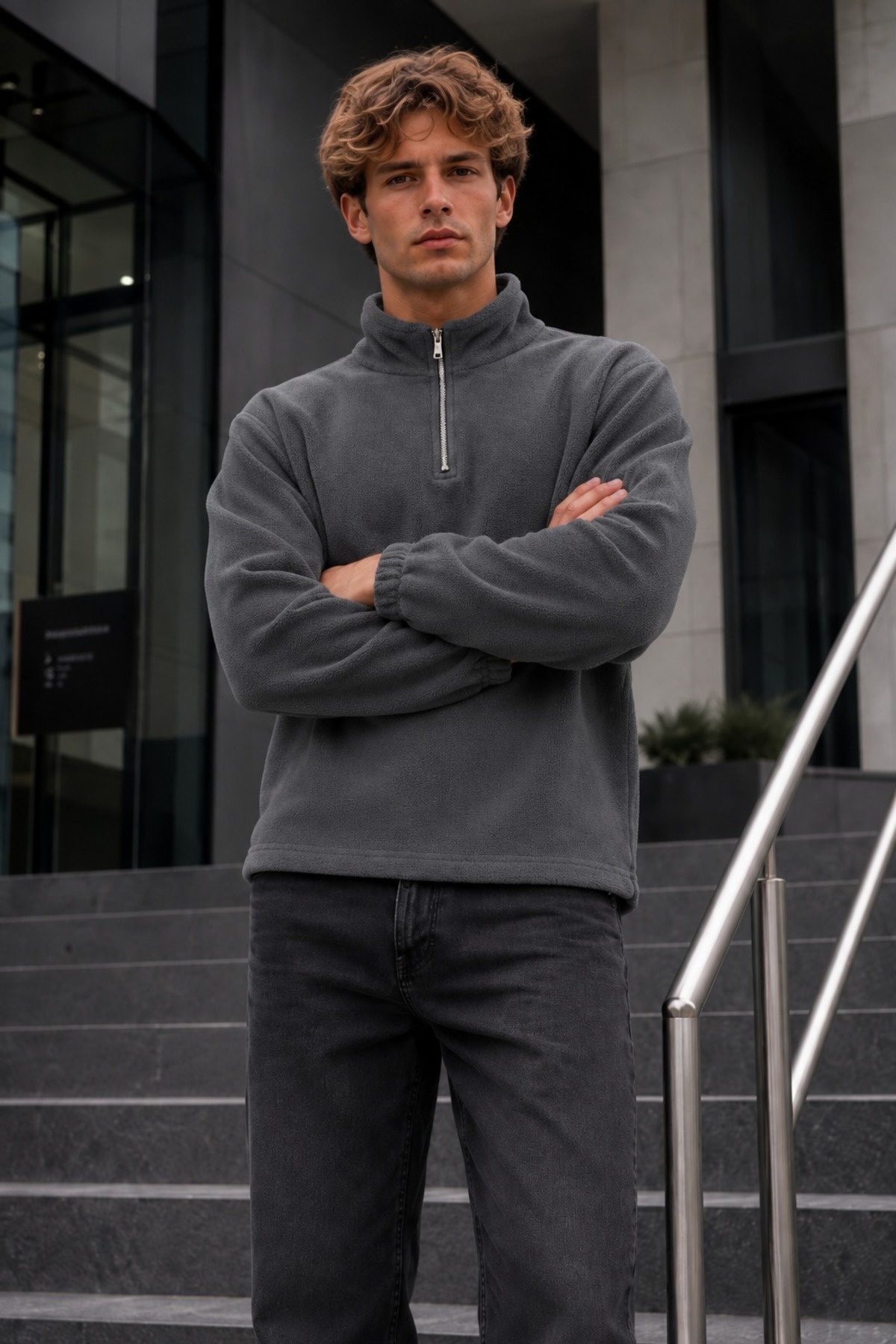 Erkek Fermuarlı Dik Yaka Polar Füme Sweatshirt 6
