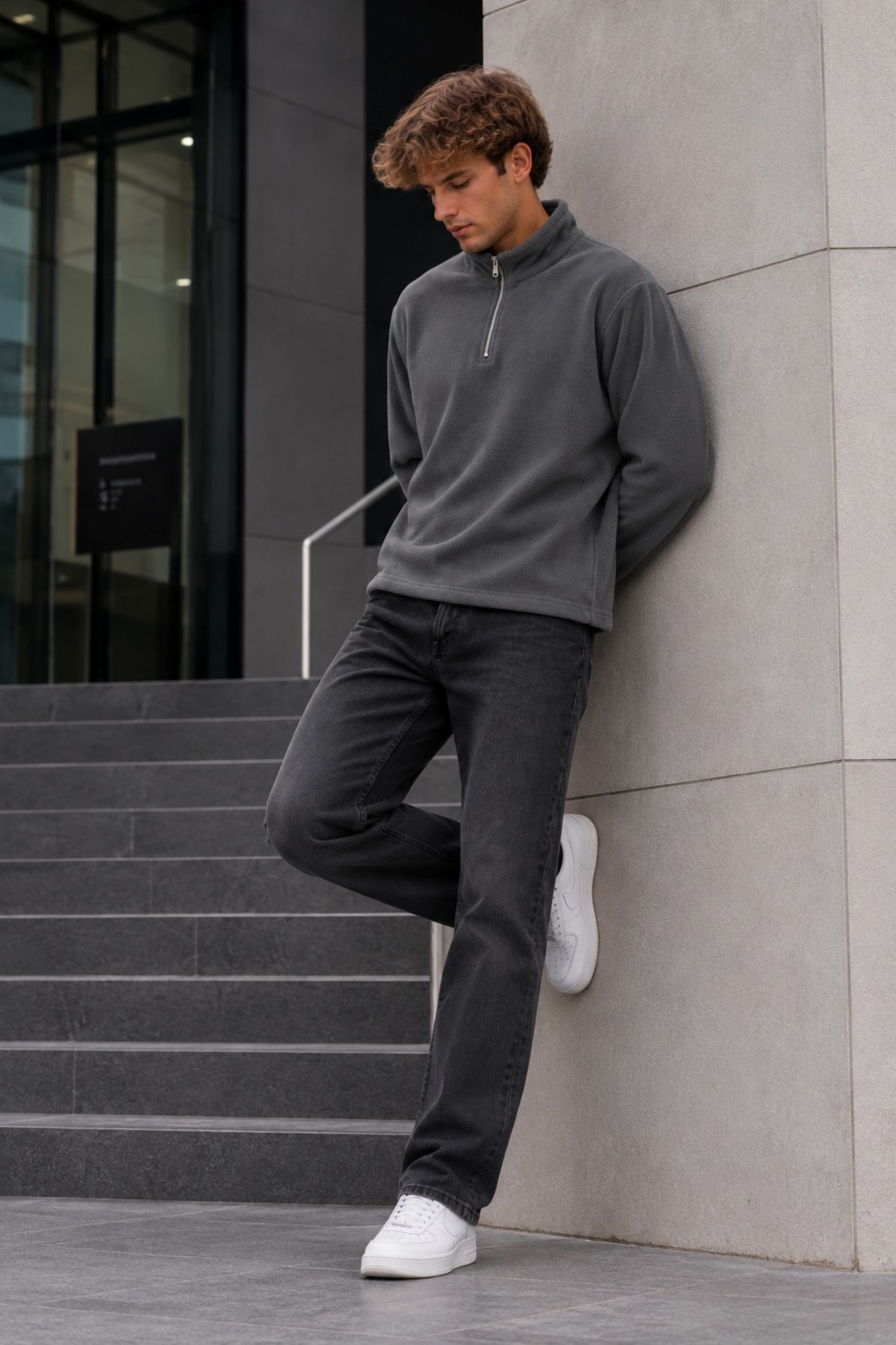 Erkek Fermuarlı Dik Yaka Polar Füme Sweatshirt 4