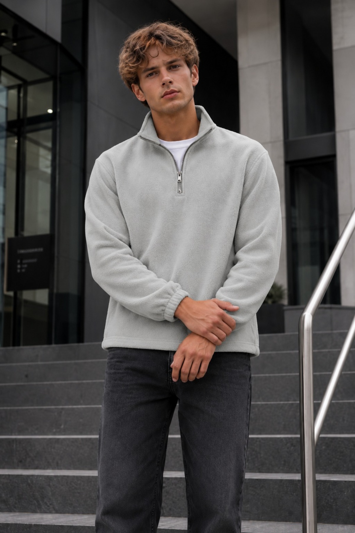 Erkek Fermuarlı Dik Yaka Polar Gri Sweatshirt 4