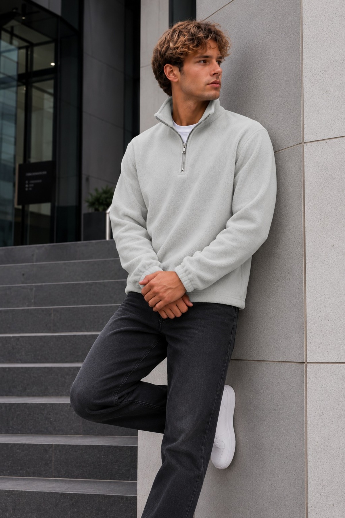 Erkek Fermuarlı Dik Yaka Polar Gri Sweatshirt 6