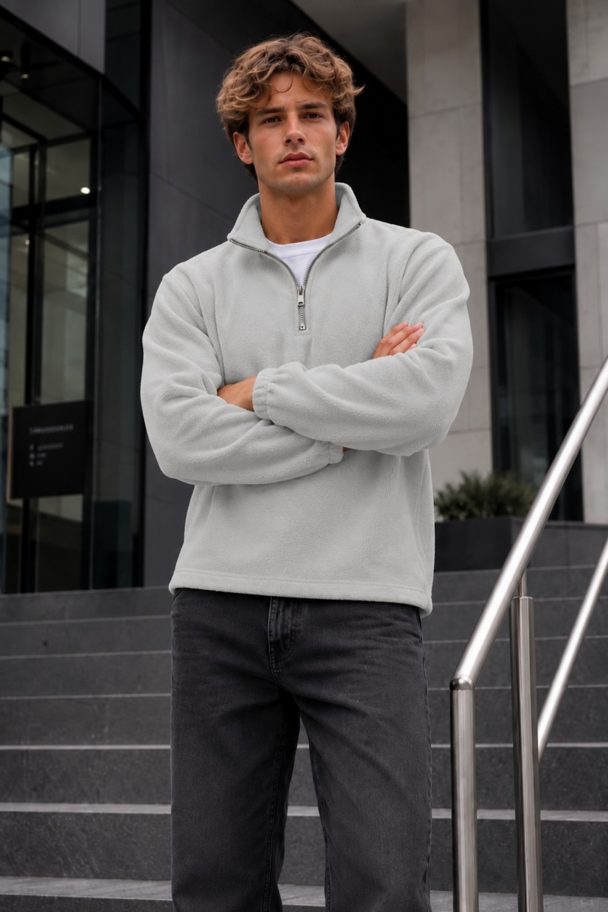 Erkek Fermuarlı Dik Yaka Polar Gri Sweatshirt 3