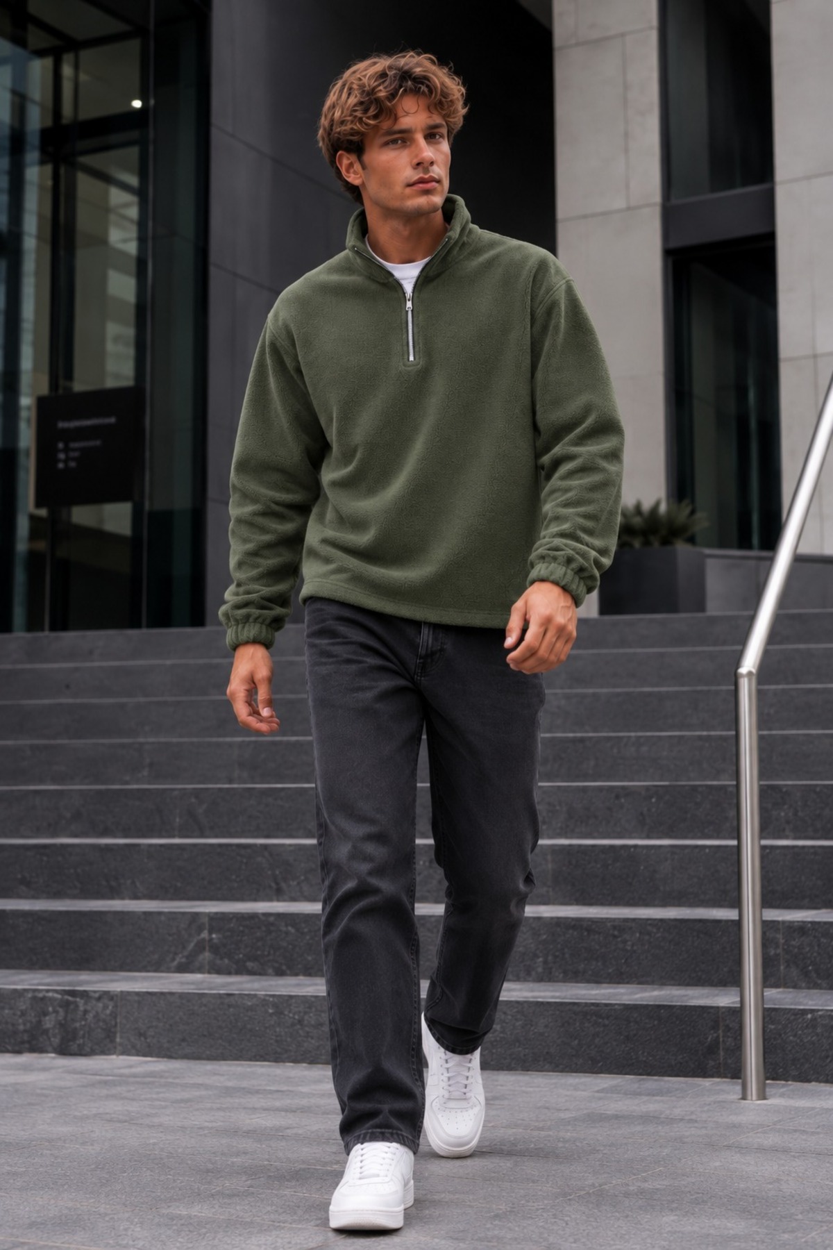 Erkek Fermuarlı Dik Yaka Polar Haki Sweatshirt 3