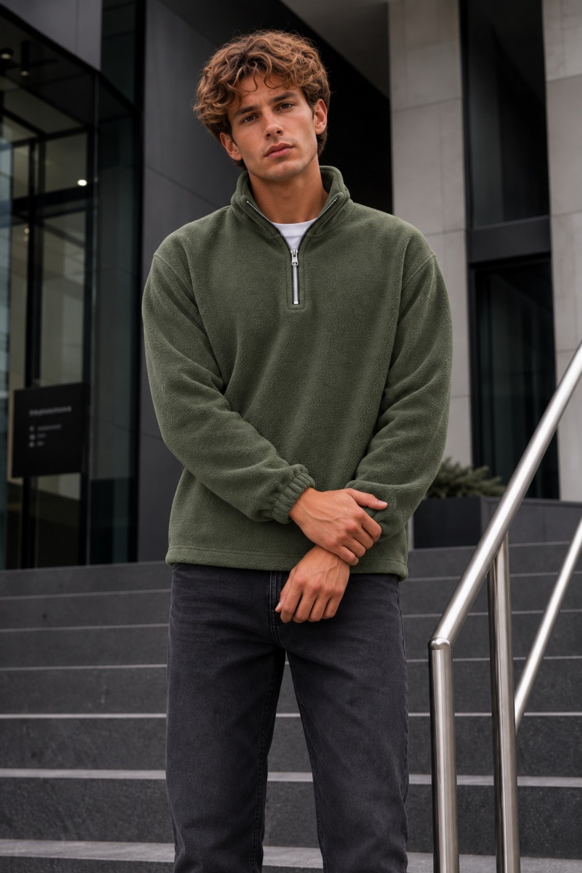 Erkek Fermuarlı Dik Yaka Polar Haki Sweatshirt 5