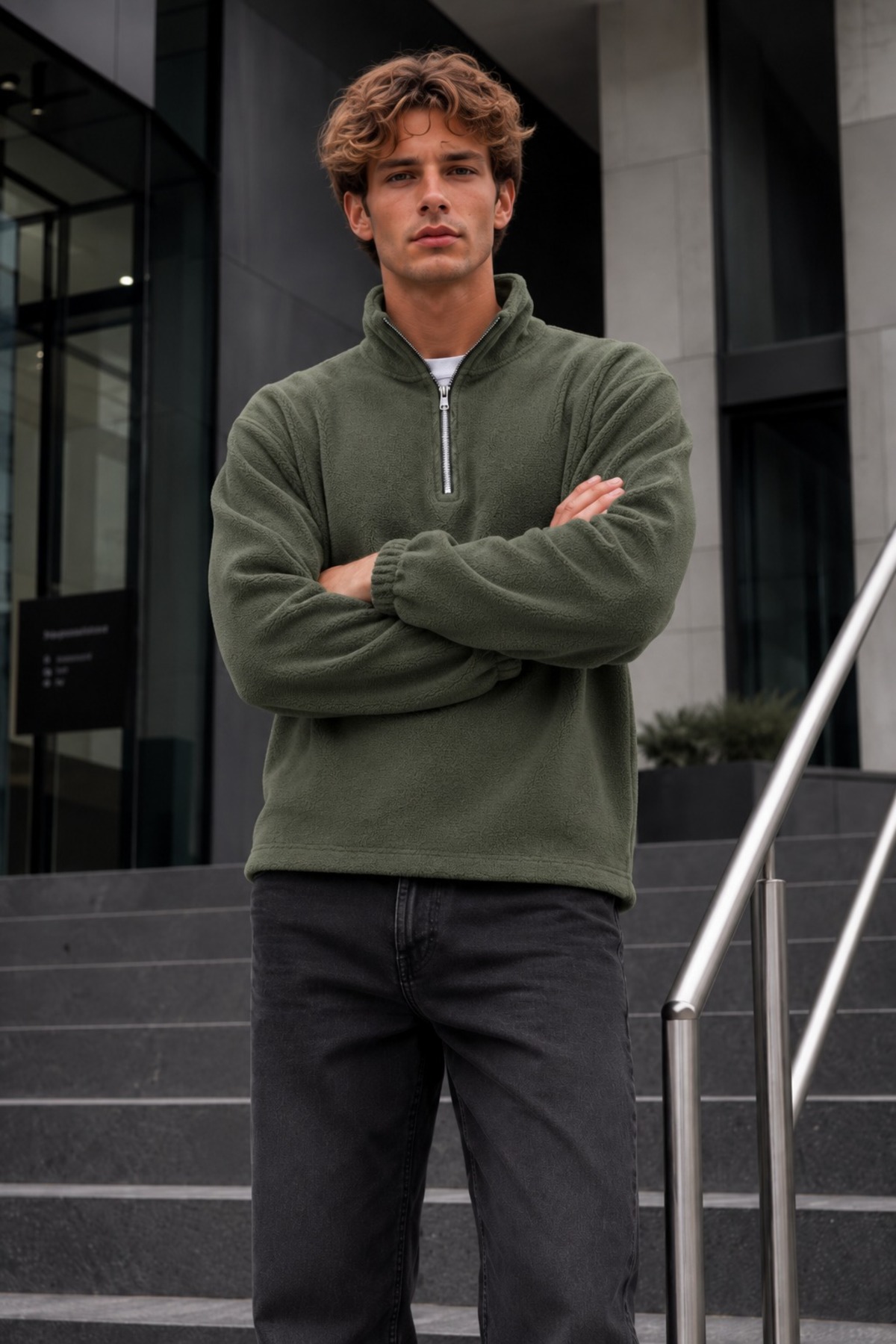 Erkek Fermuarlı Dik Yaka Polar Haki Sweatshirt 4