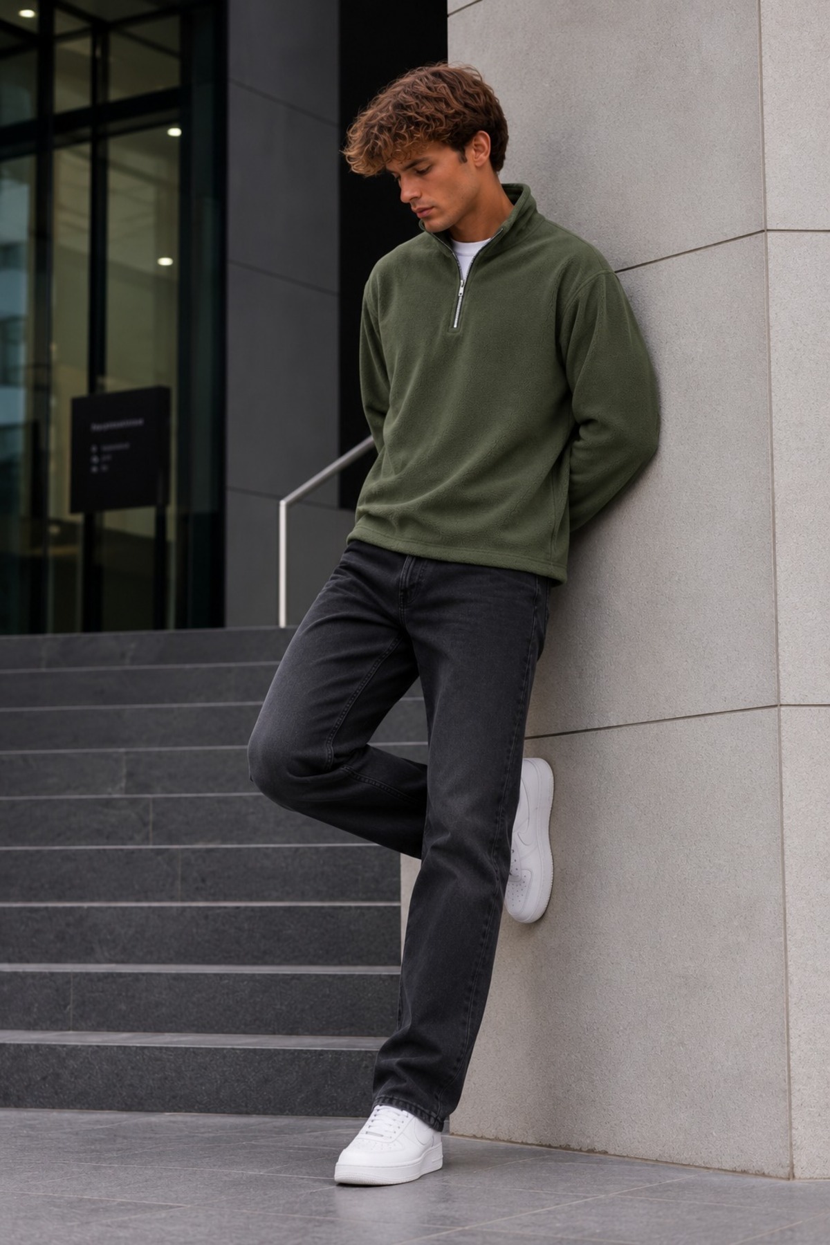 Erkek Fermuarlı Dik Yaka Polar Haki Sweatshirt 6