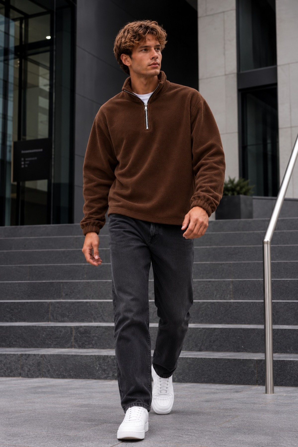 Erkek Fermuarlı Dik Yaka Polar Kahve Sweatshirt 3
