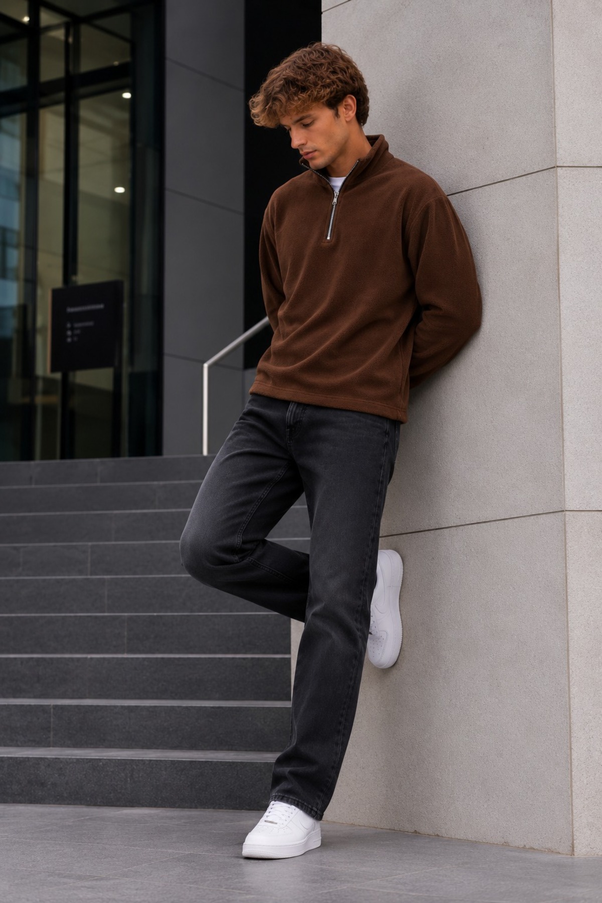 Erkek Fermuarlı Dik Yaka Polar Kahve Sweatshirt 4