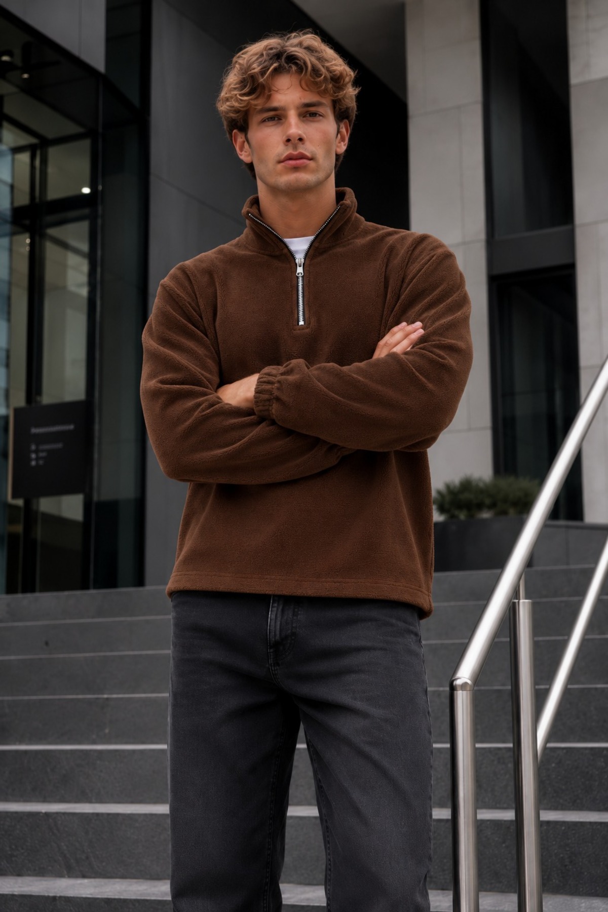 Erkek Fermuarlı Dik Yaka Polar Kahve Sweatshirt 6