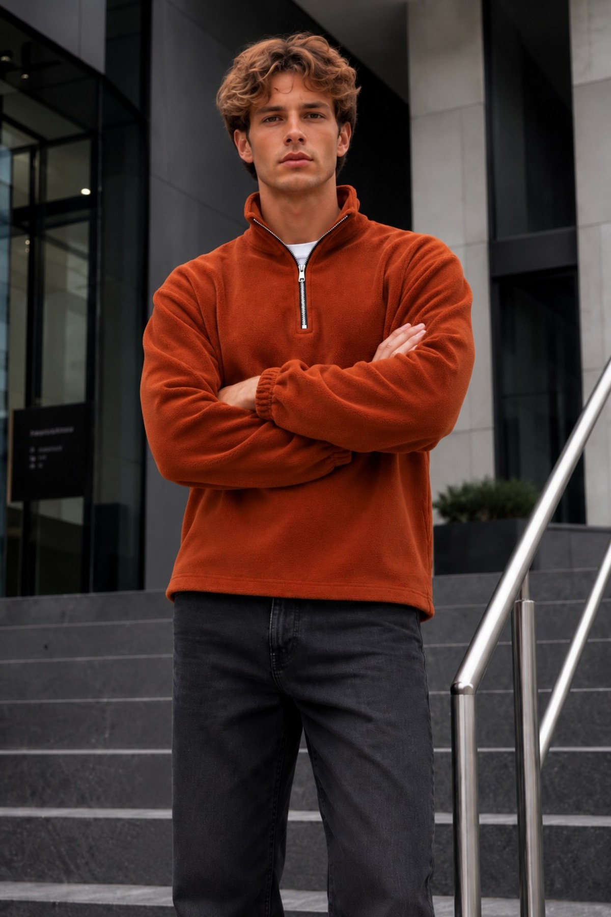 Erkek Fermuarlı Dik Yaka Polar Kiremit Sweatshirt 4