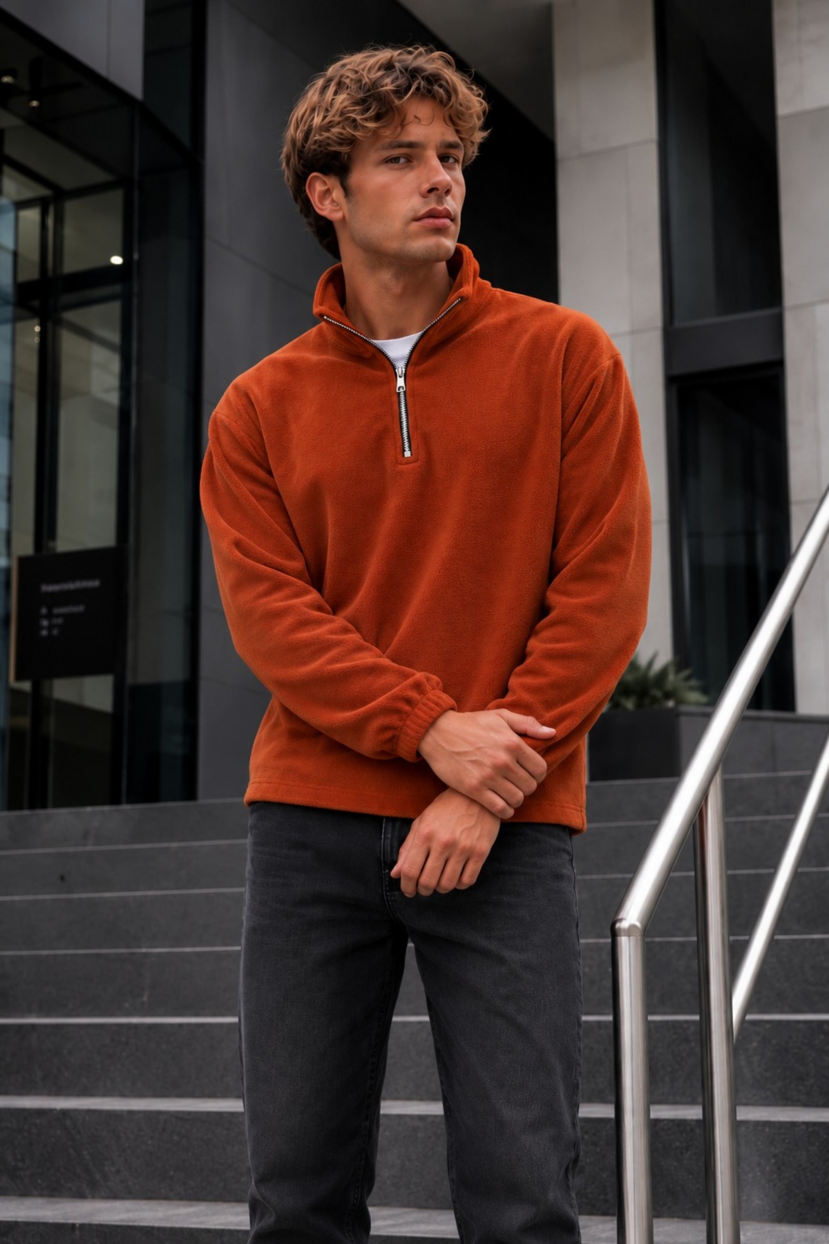 Erkek Fermuarlı Dik Yaka Polar Kiremit Sweatshirt 5