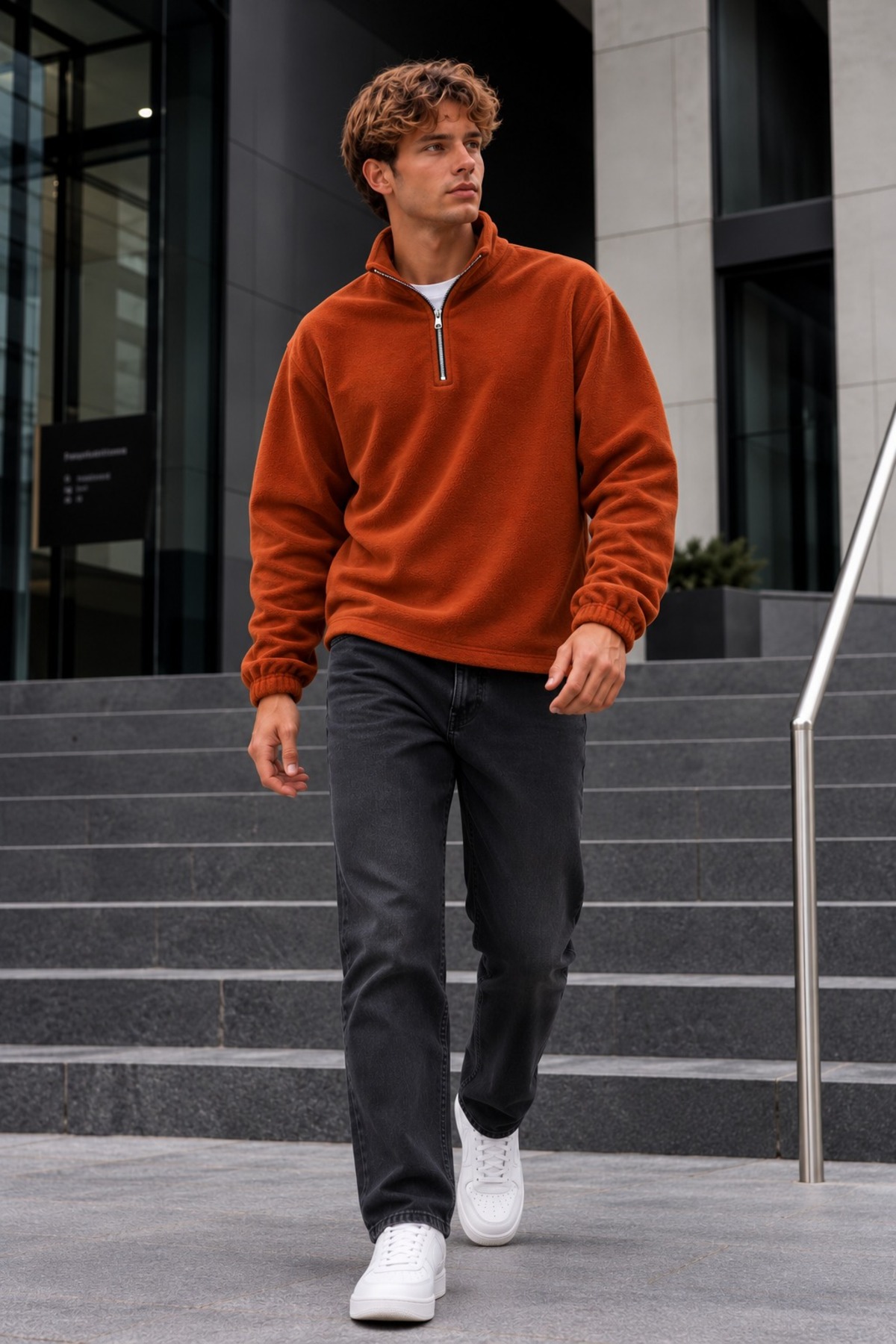 Erkek Fermuarlı Dik Yaka Polar Kiremit Sweatshirt 3