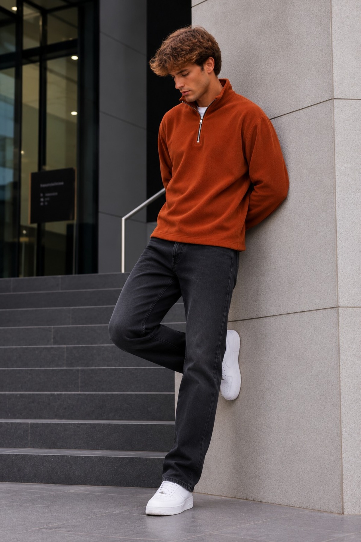 Erkek Fermuarlı Dik Yaka Polar Kiremit Sweatshirt 6